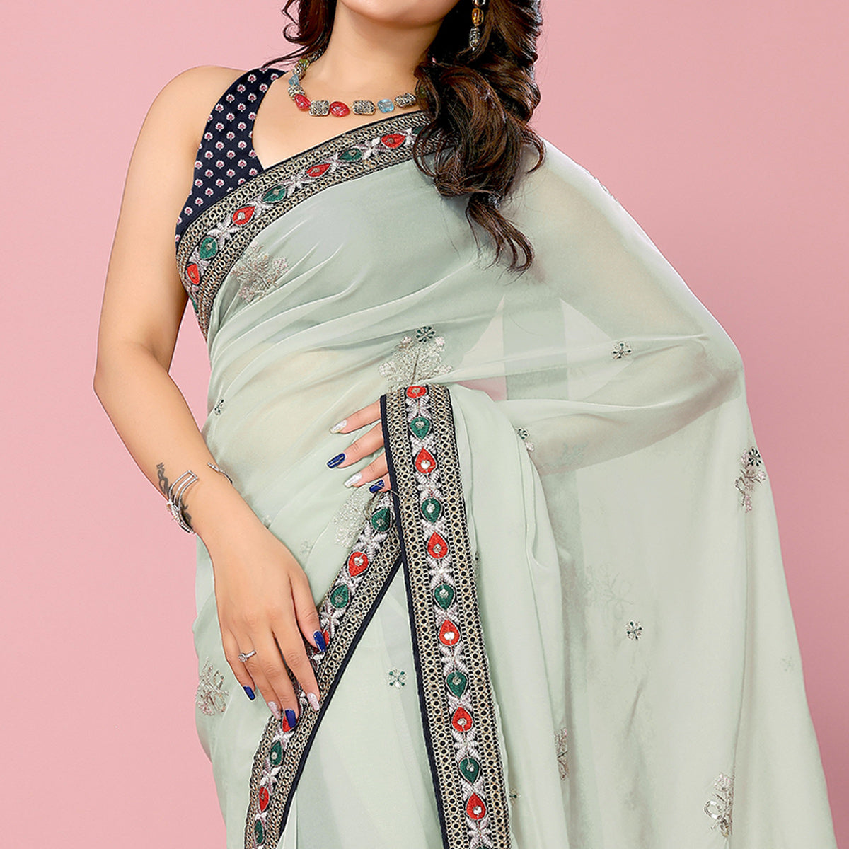Sea Green Floral Sequins Embroidered Organza Saree