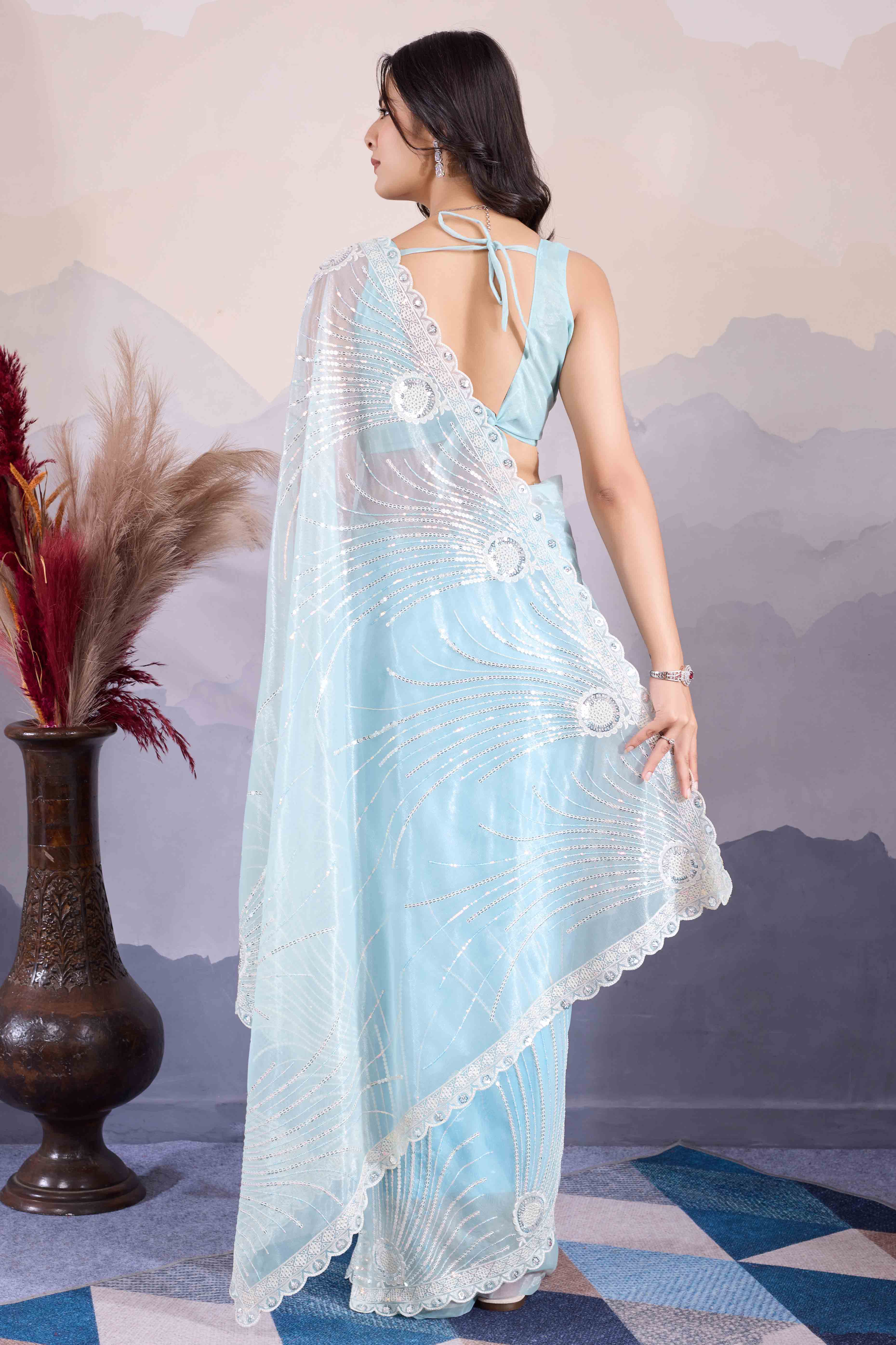 Blue Sequins Embroidered Twill Net Saree