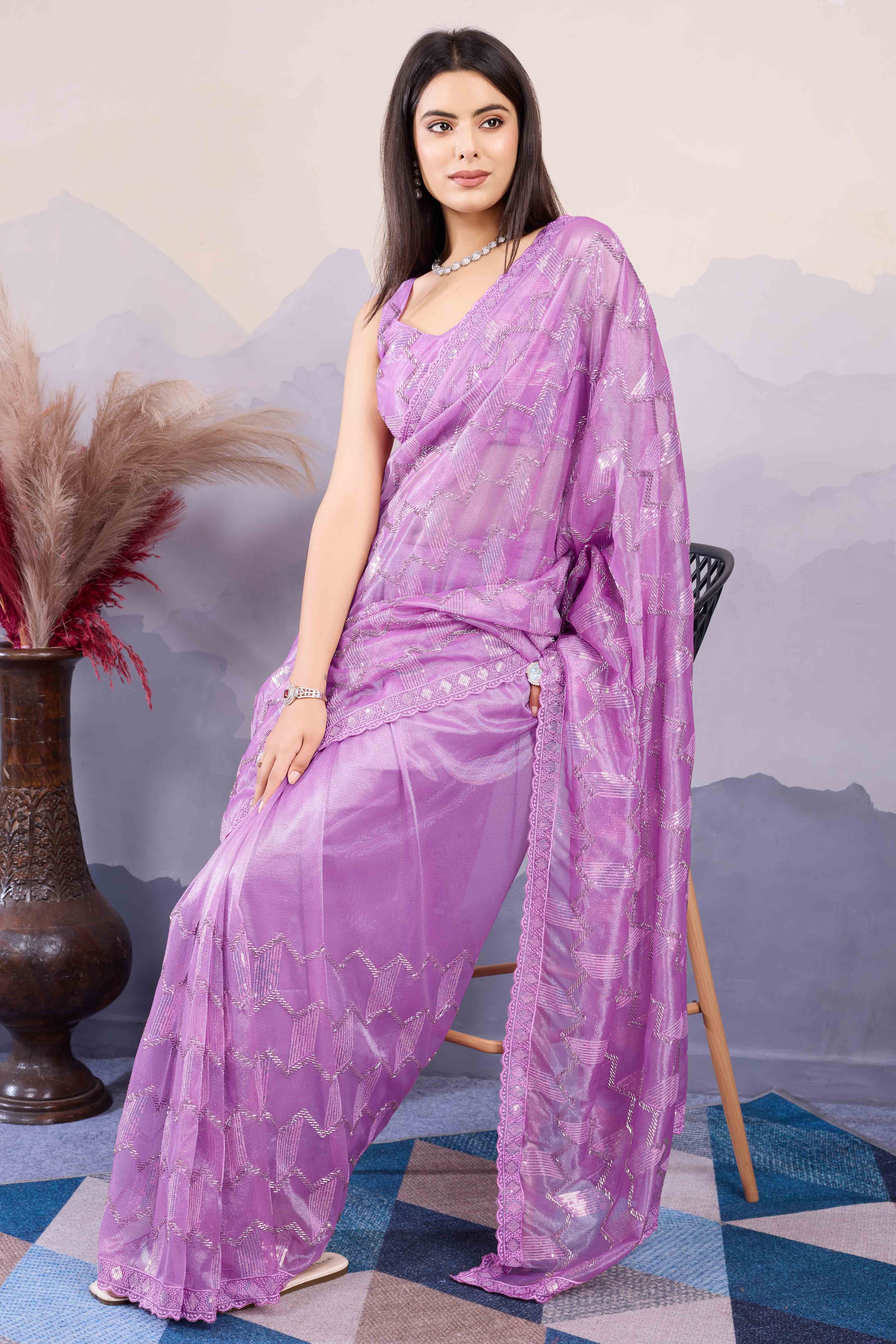 Purple Sequins Embroidered Twill Net Saree