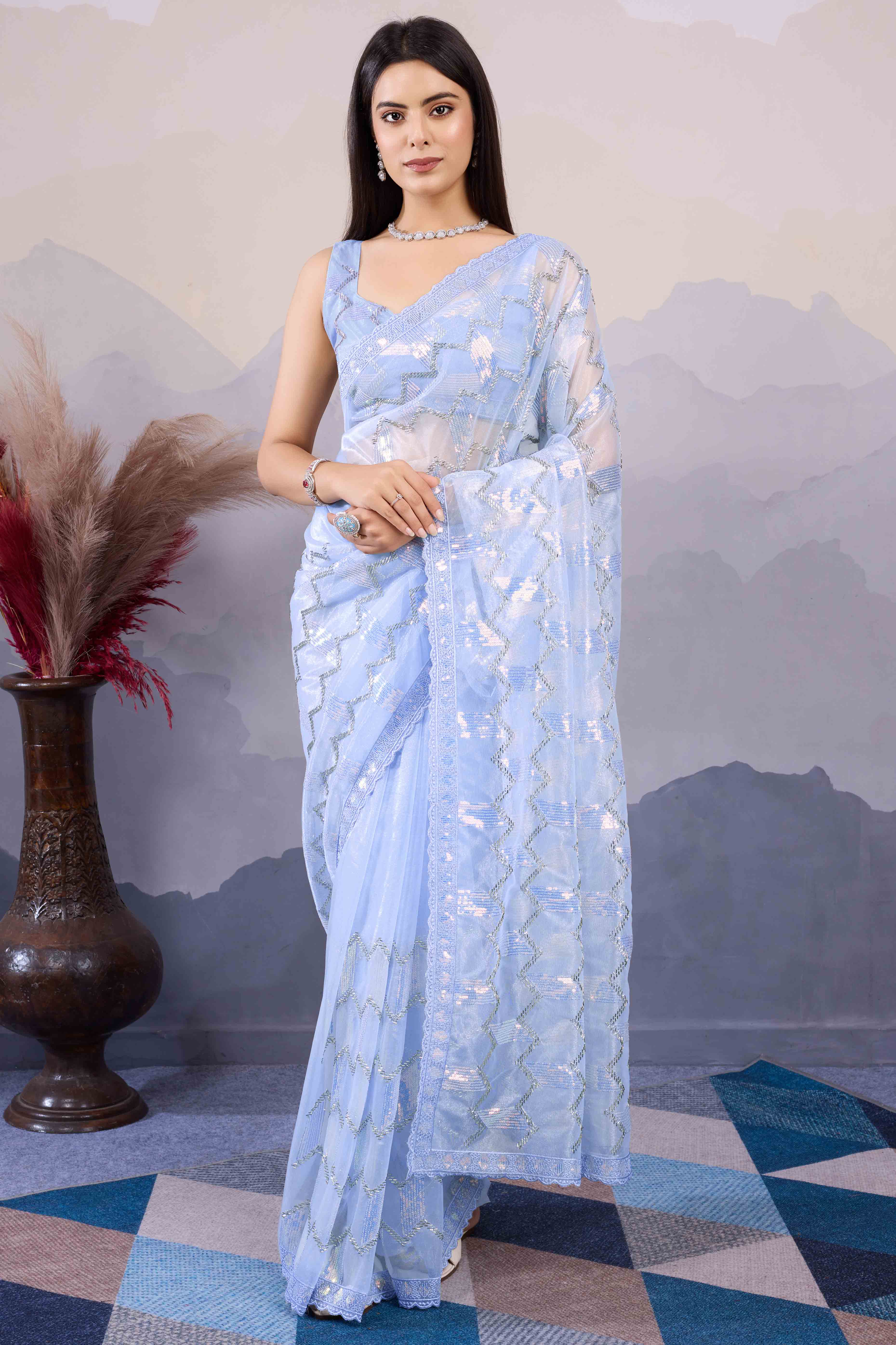 Blue Sequins Embroidered Twill Net Saree