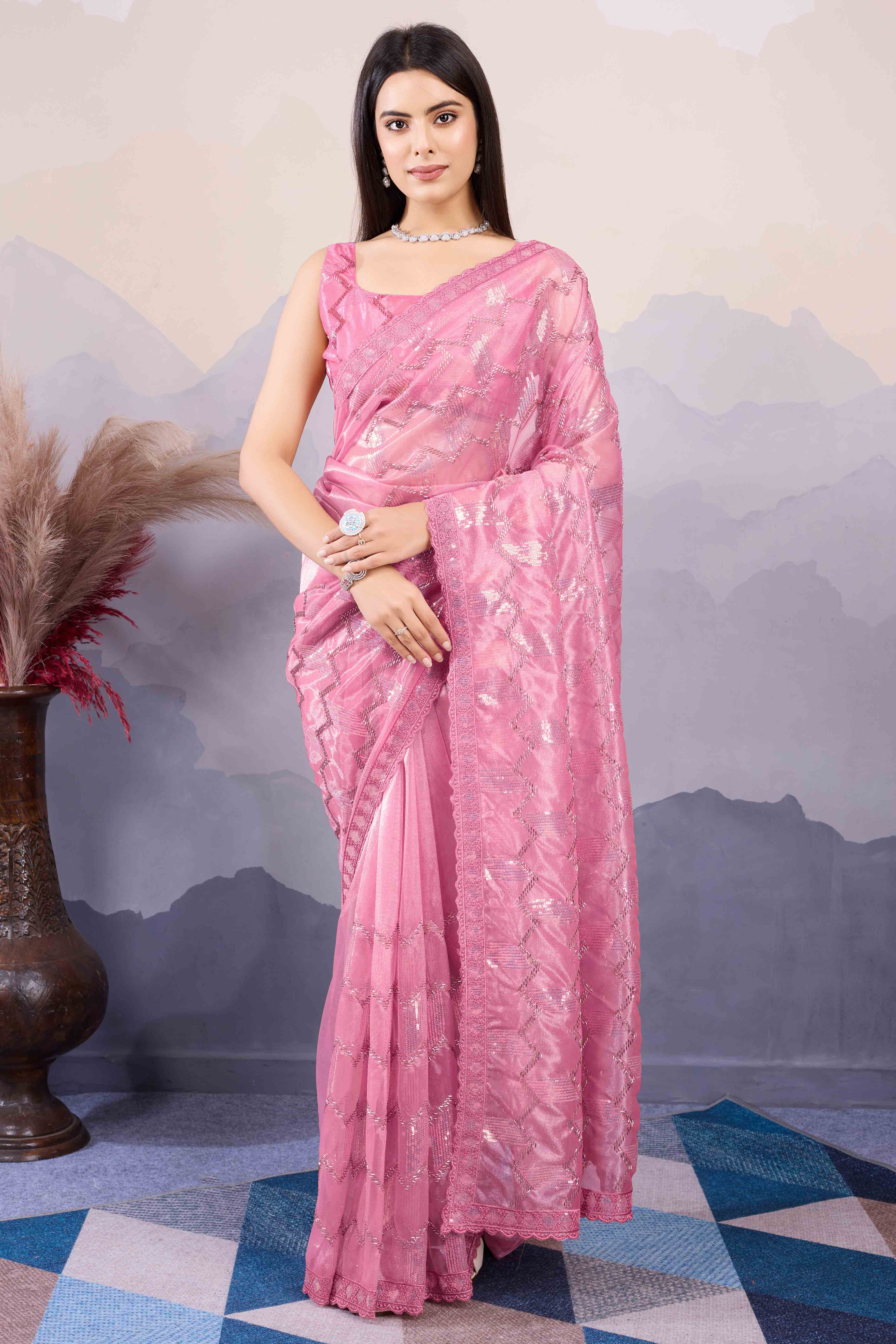 Onion Pink Sequins Embroidered Twill Net Saree