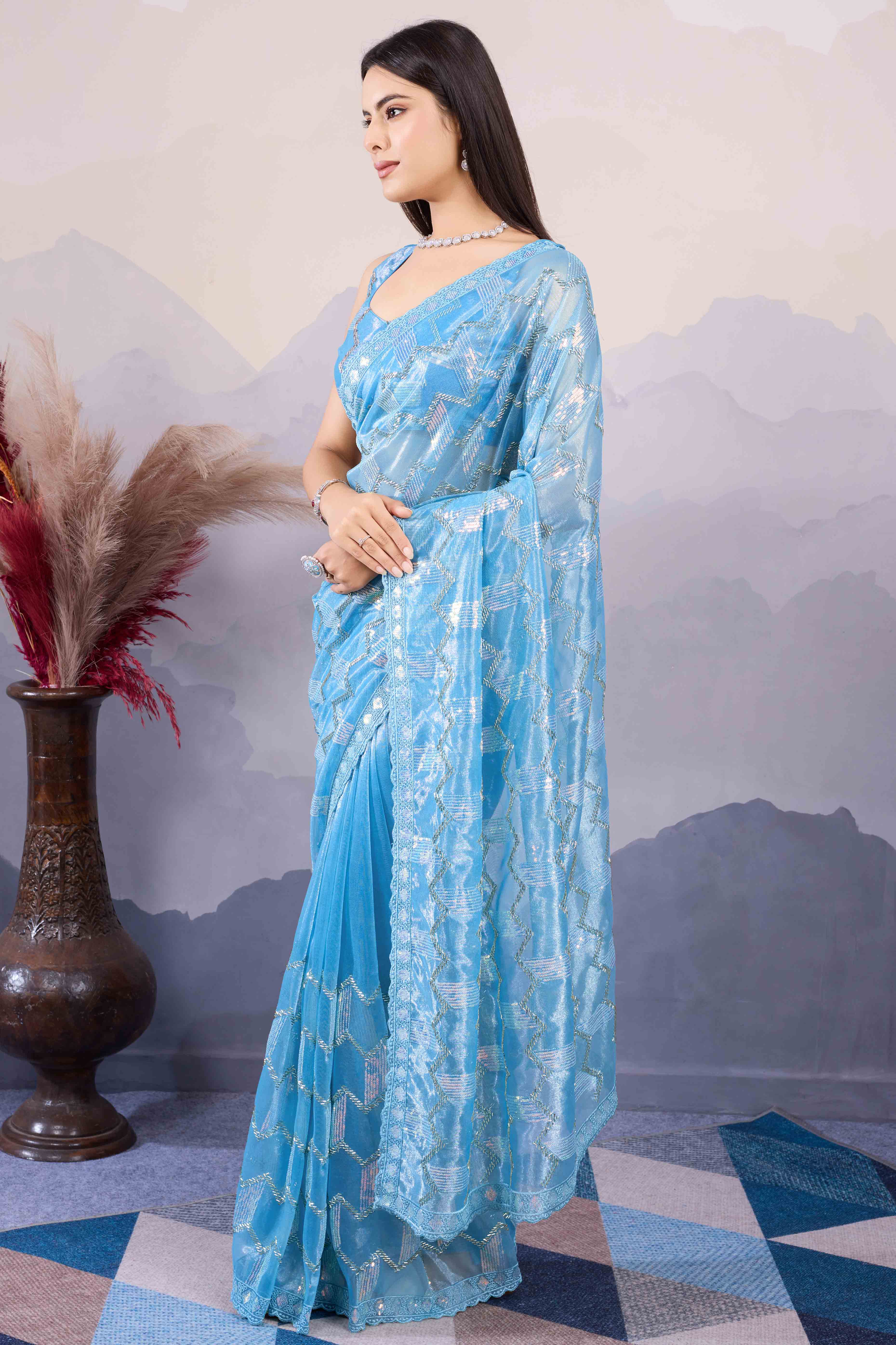 Blue Sequins Embroidered Twill Net Saree