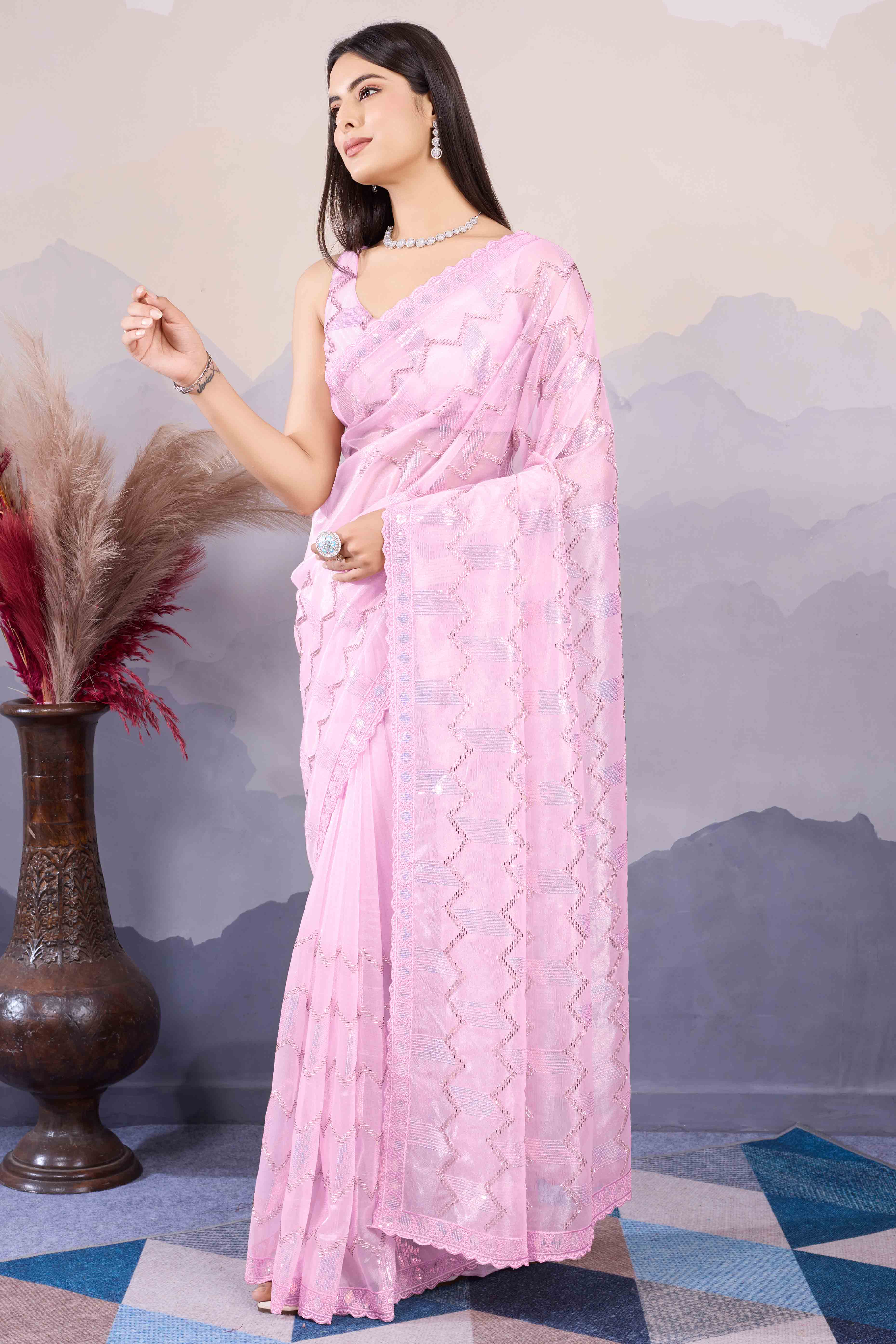 Baby Pink Sequins Embroidered Twill Net Saree