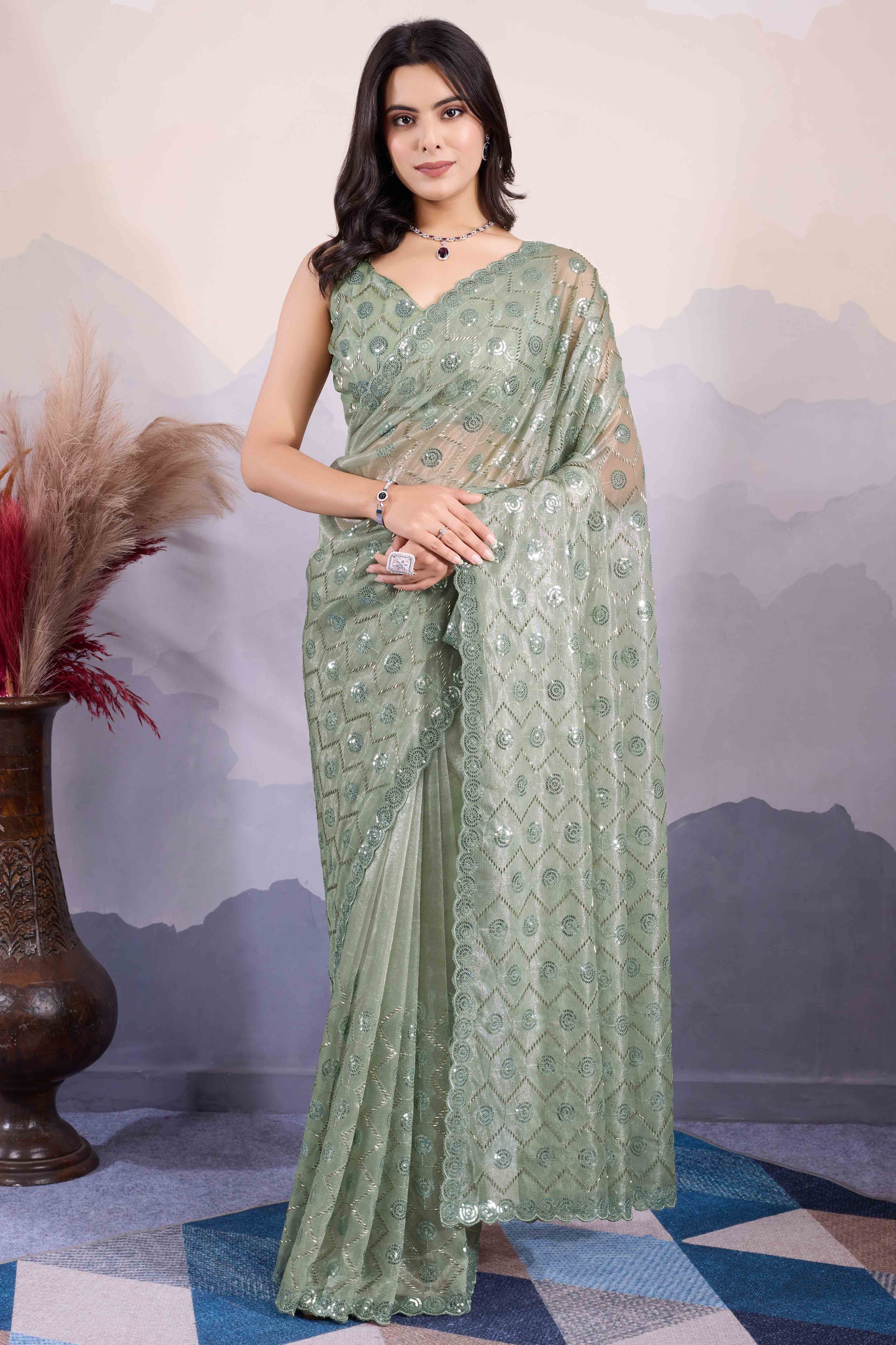 Green Sequins Embroidered Twill Net Saree