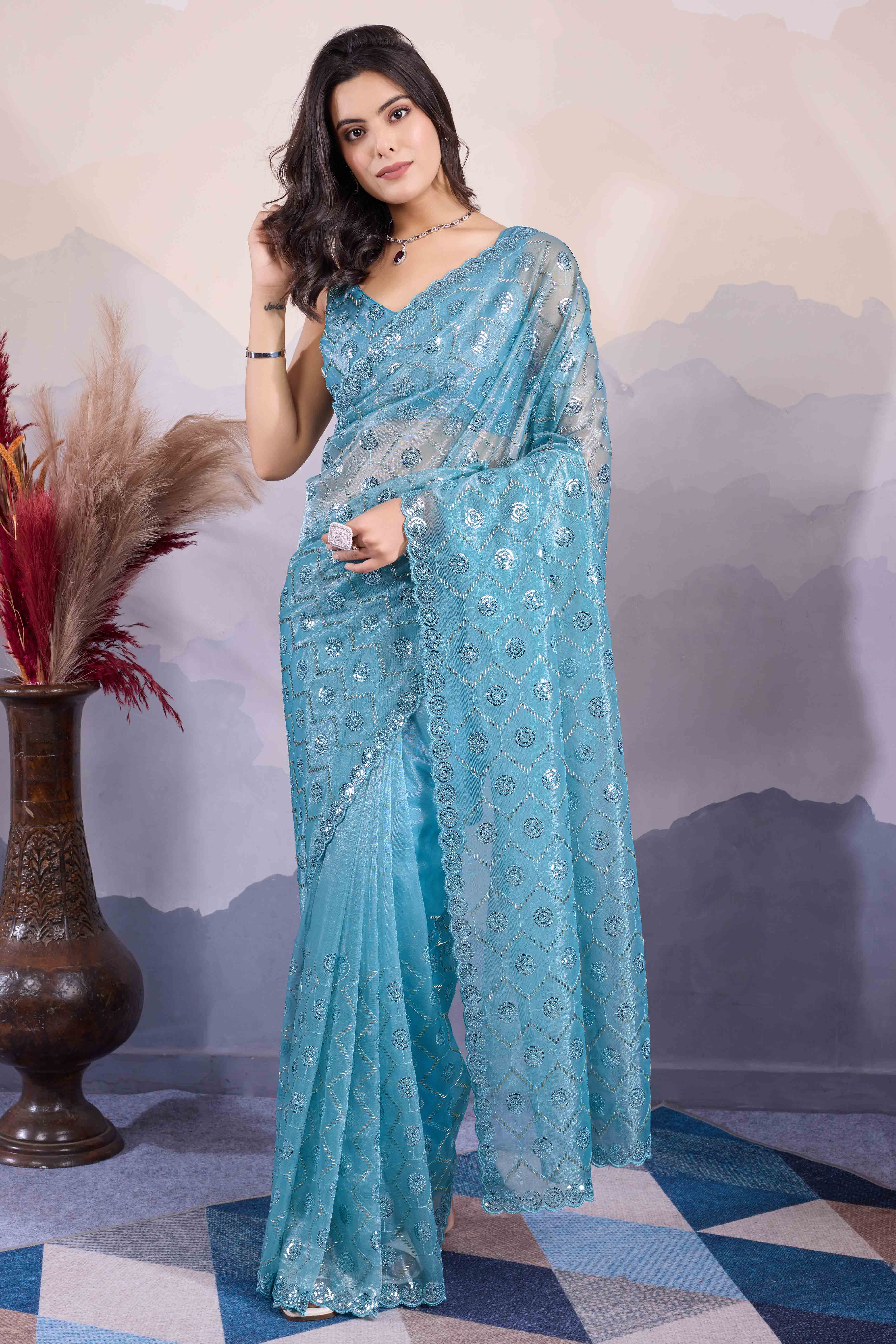 Blue Sequins Embroidered Twill Net Saree