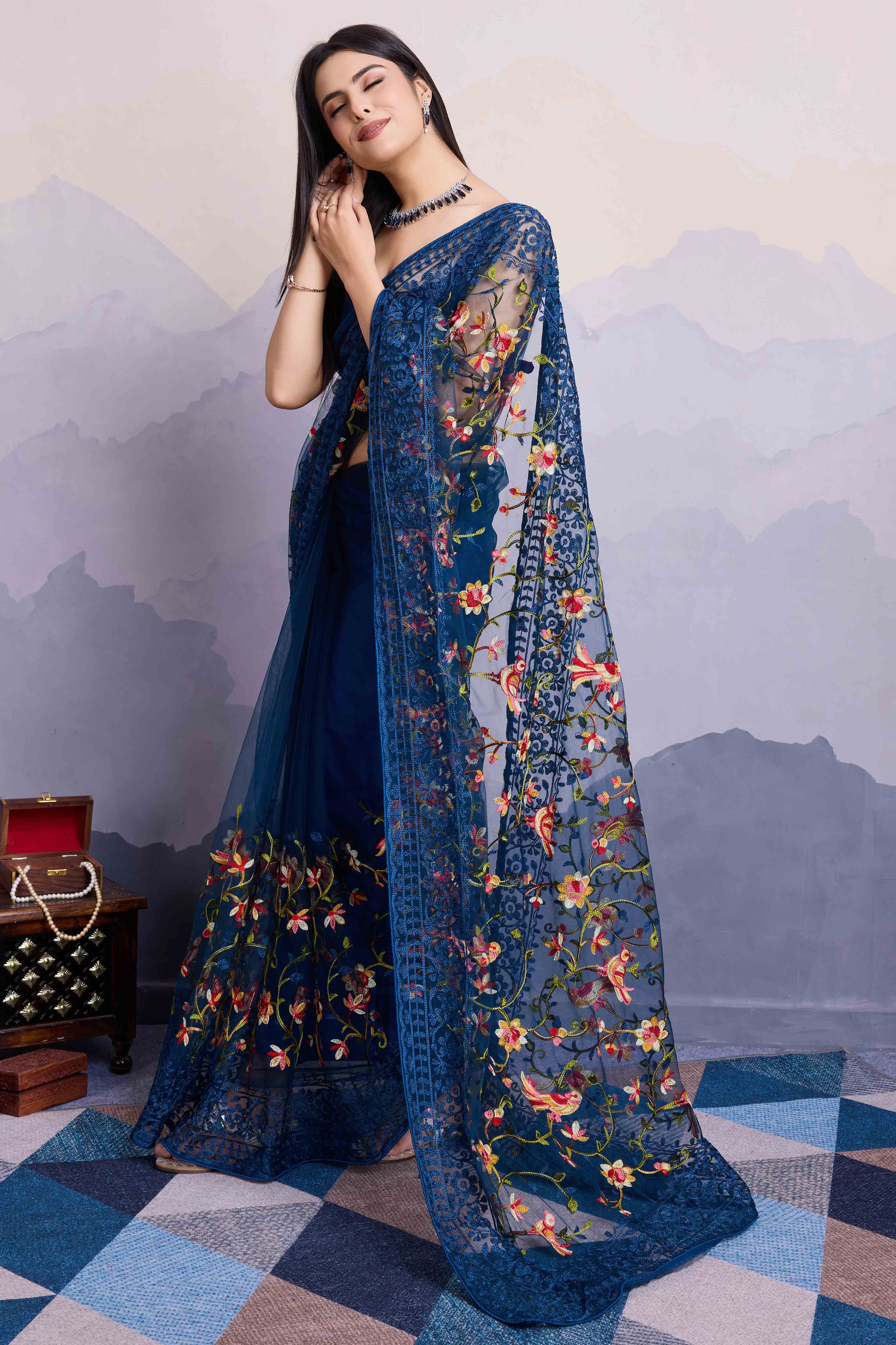 Navy Blue Floral Embroidered Net Saree