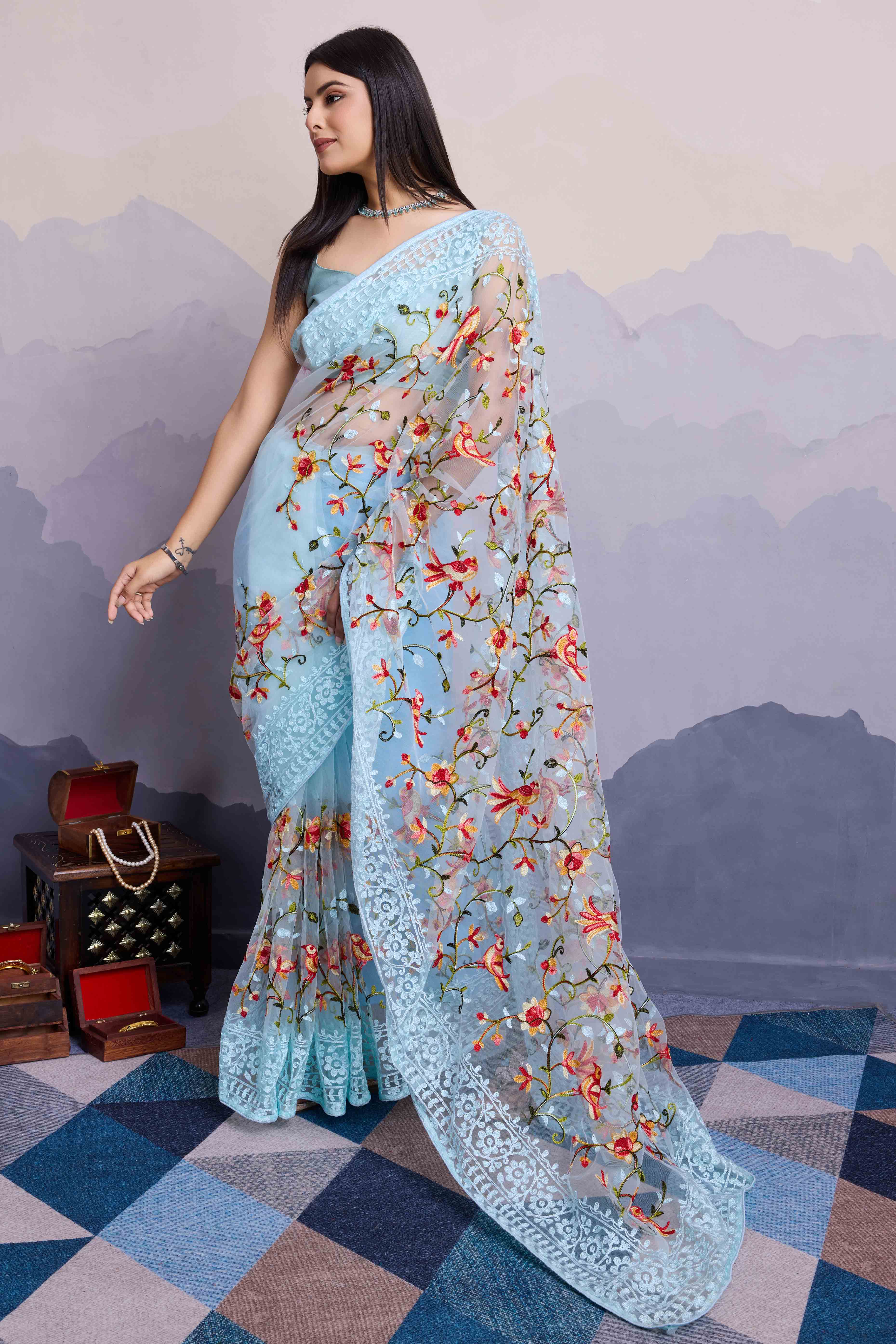 Sky Blue Floral Embroidered Net Saree
