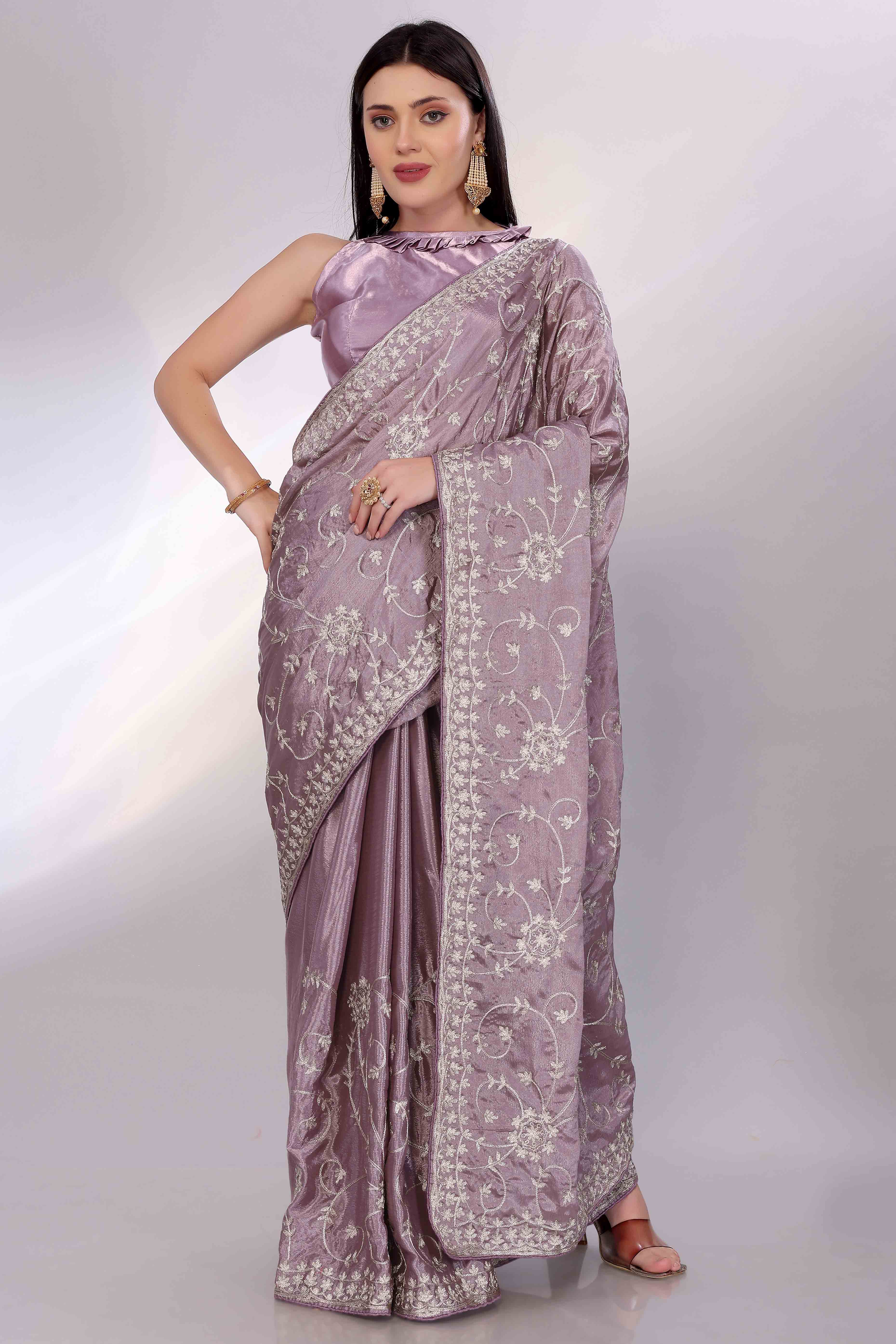 Lavender Chinon Silk Saree Adorned With Fine Floral Thread Work