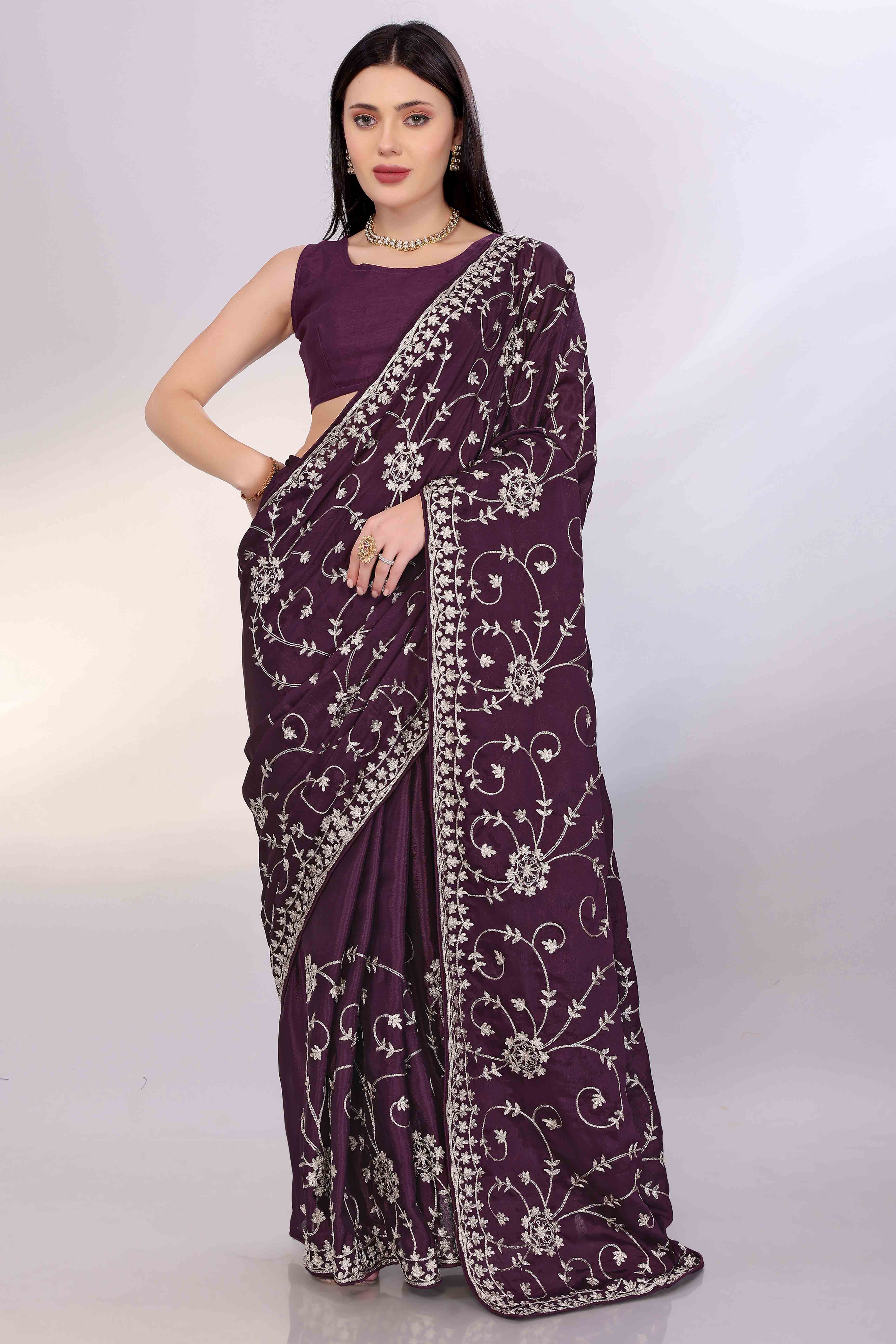 Wine Chinon Silk Saree Adorned With Fine Floral Thread Work