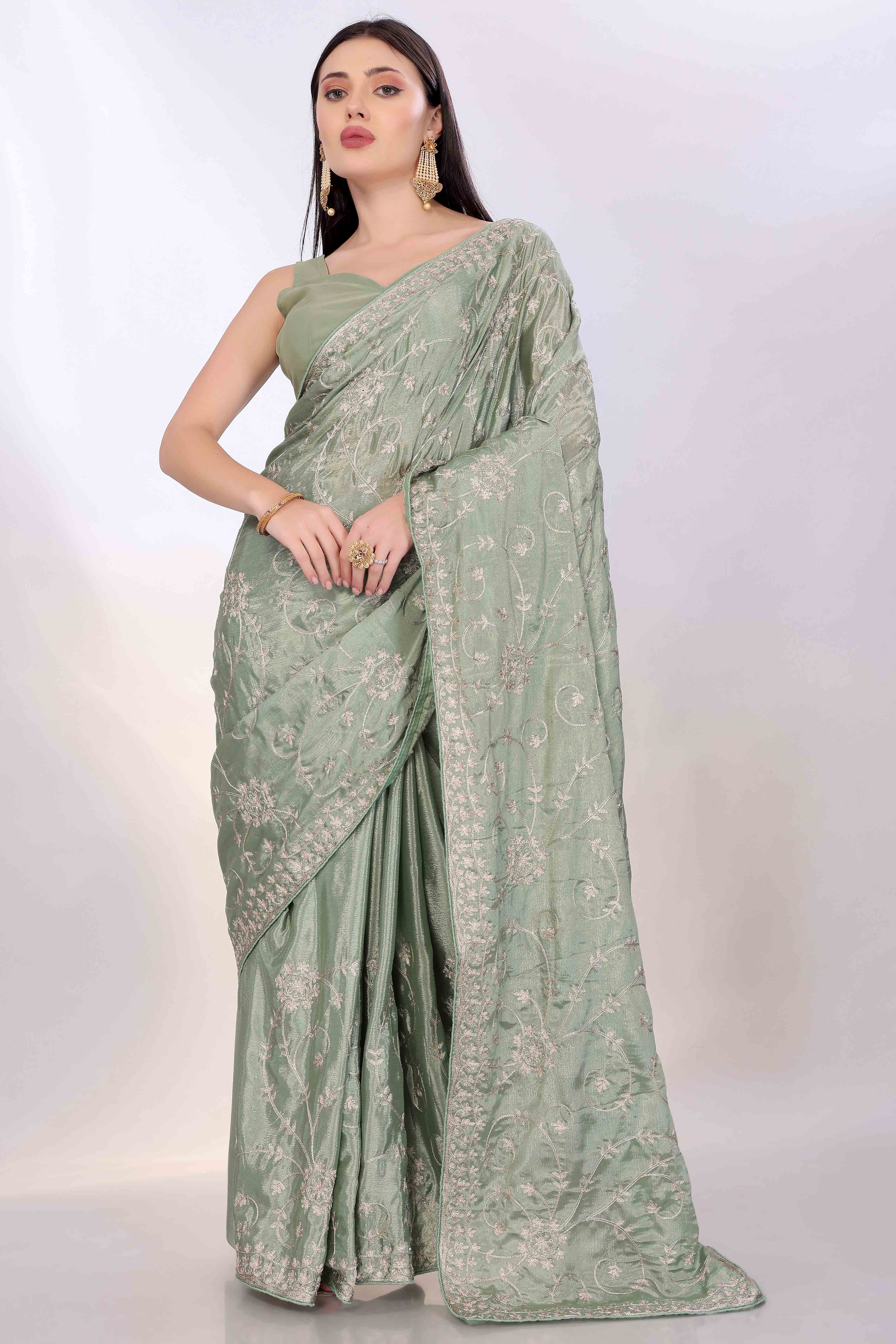 Sage Green Chinon Silk Saree Adorned With Fine Floral Thread Work