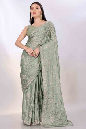 Sage Green Chinon Silk Saree Adorned With Fine Floral Thread Work
