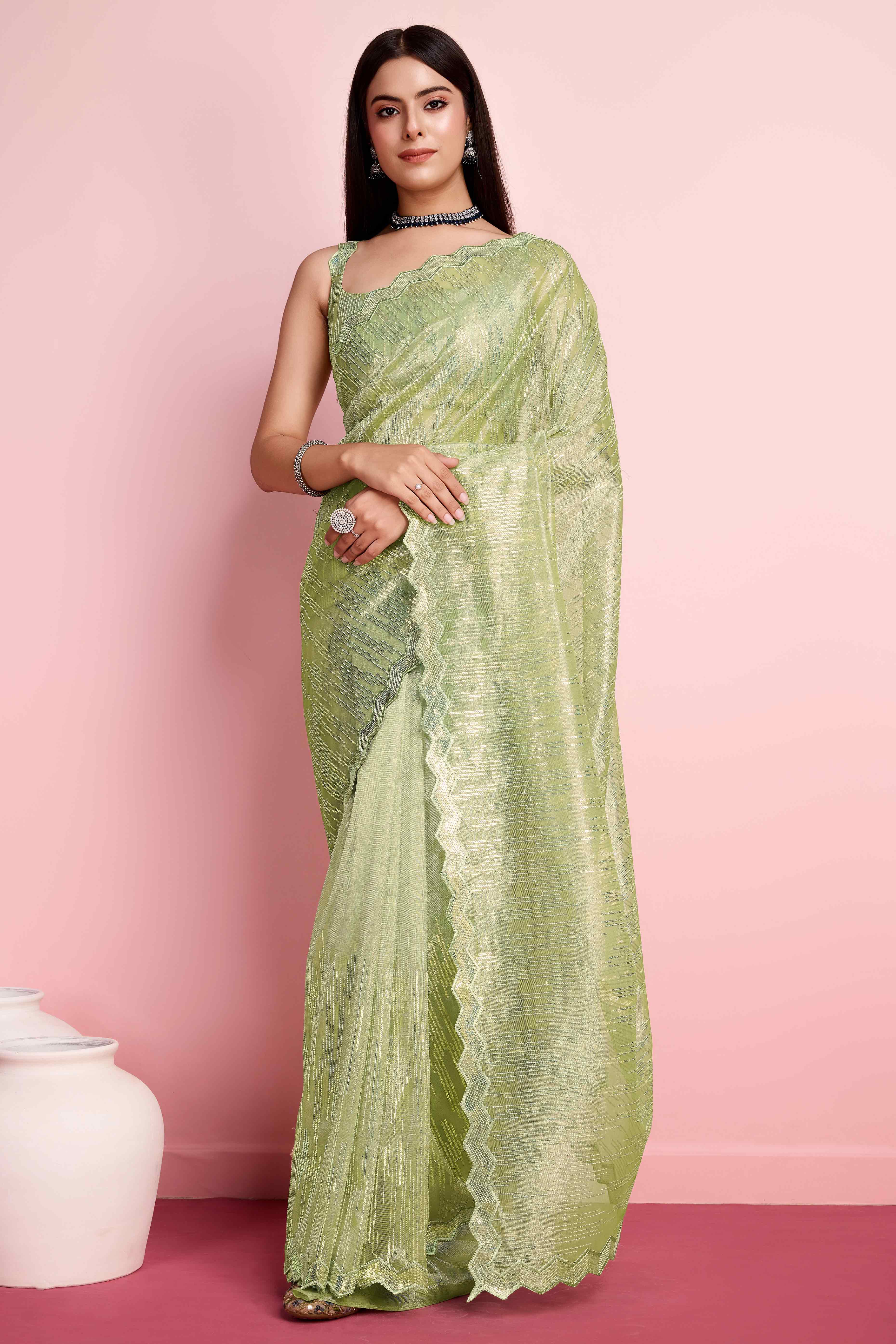 Green Sequins Embroidered Silver Twill Net Saree