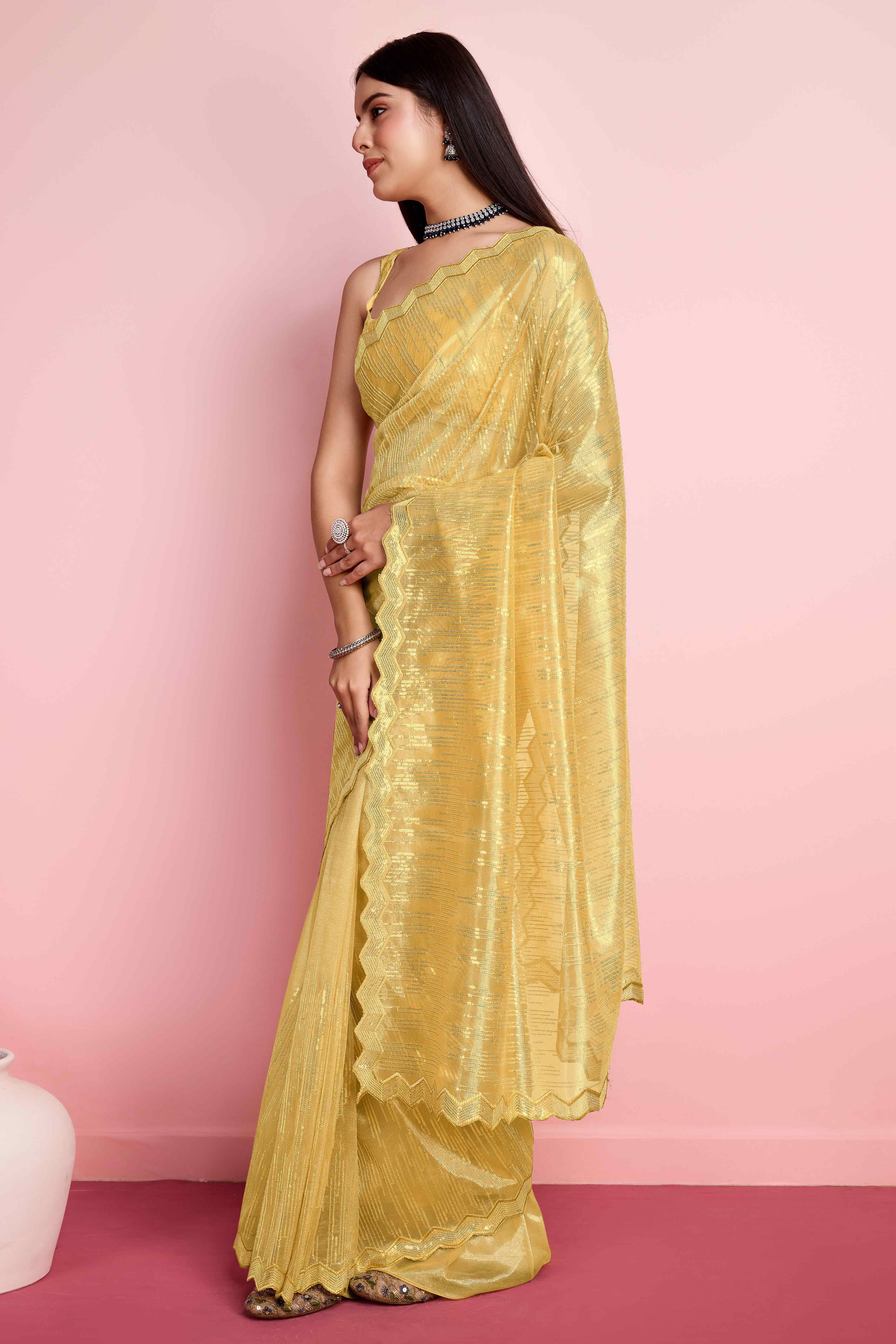 Yellow Sequins Embroidered Silver Twill Net Saree