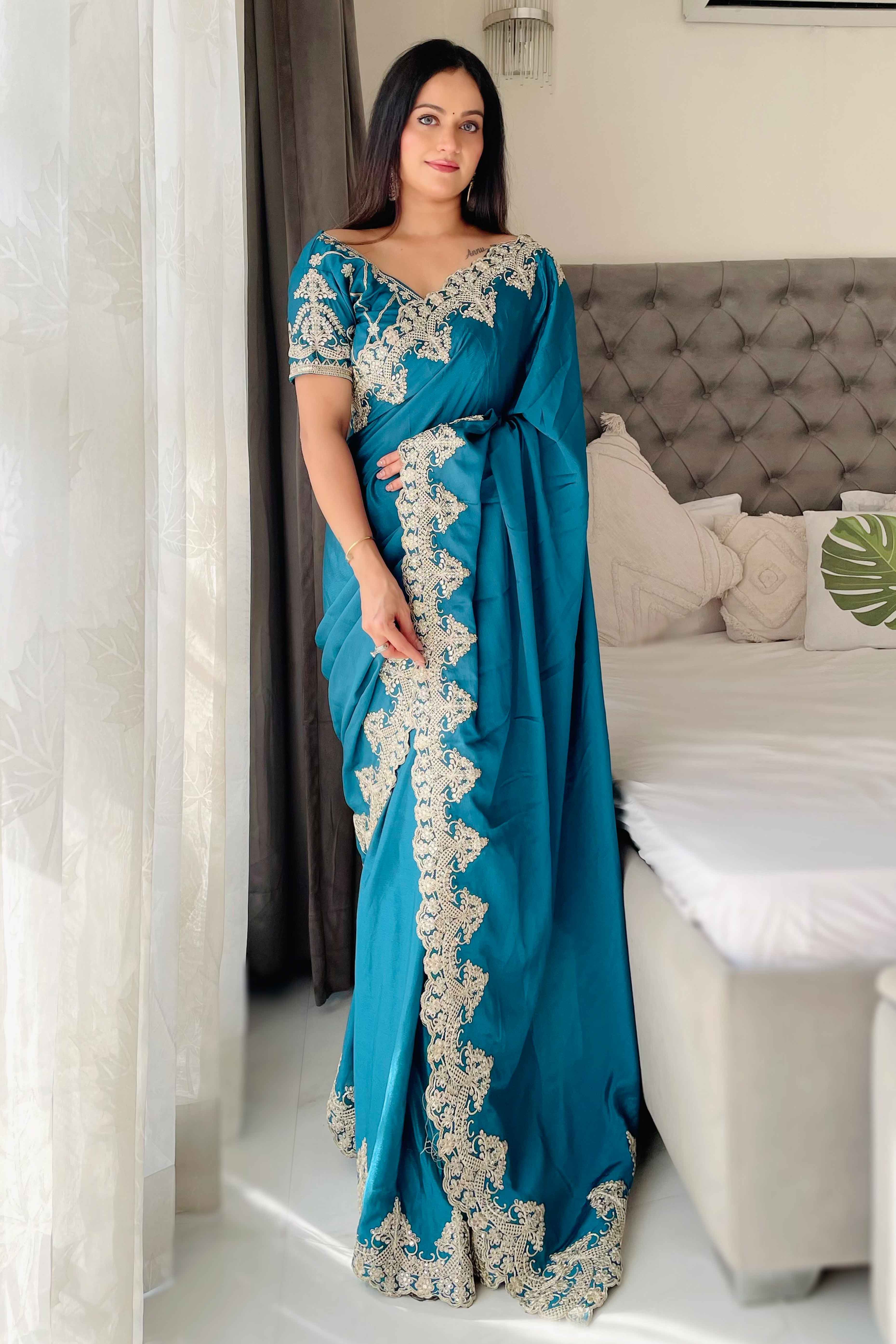 Blue Chinon Silk Blend Saree With Intricate Sequins & Cording Embroidery