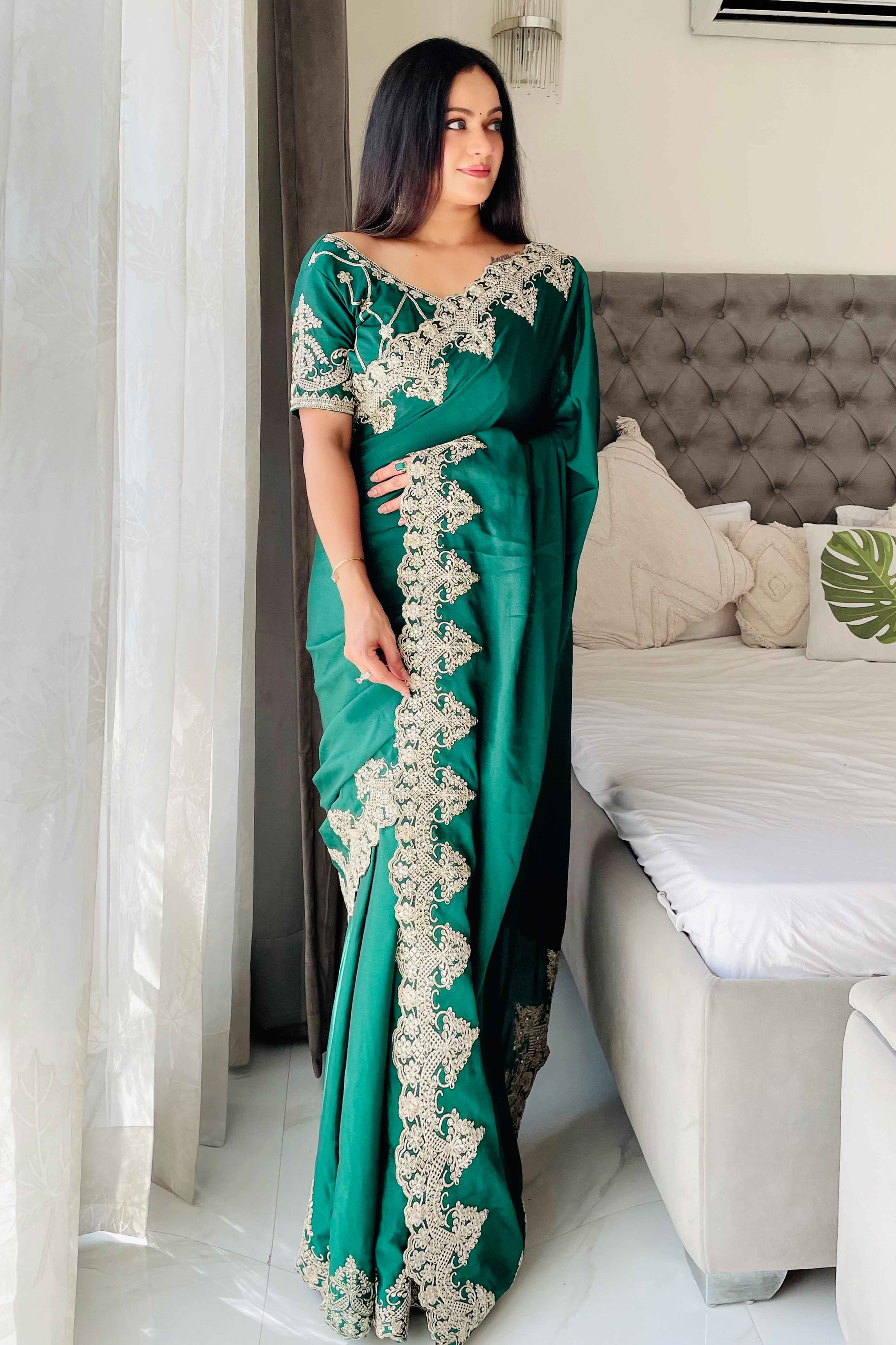 Green Chinon Silk Blend Saree With Intricate Sequins & Cording Embroidery