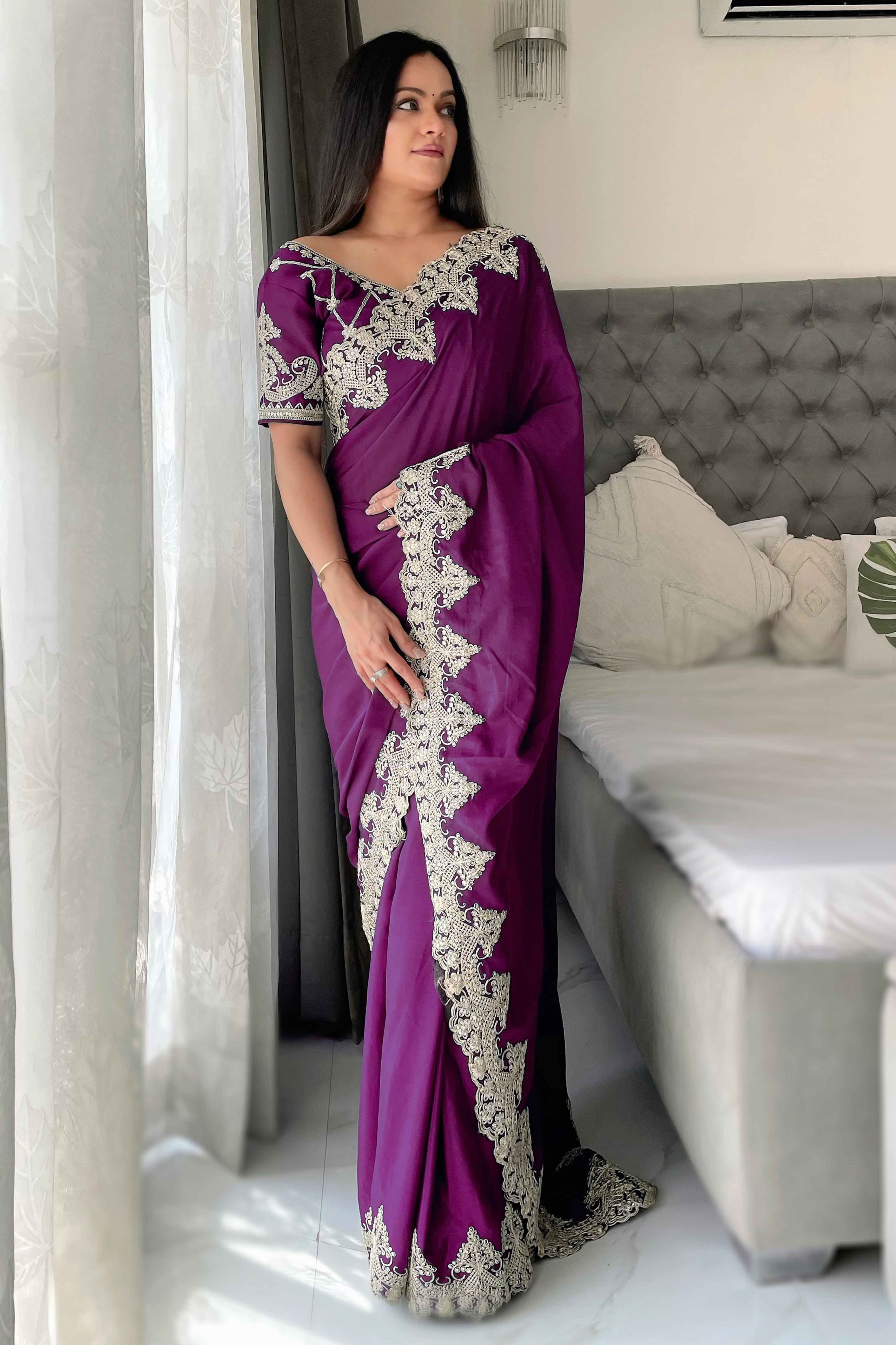 Wine Chinon Silk Blend Saree With Intricate Sequins & Cording Embroidery