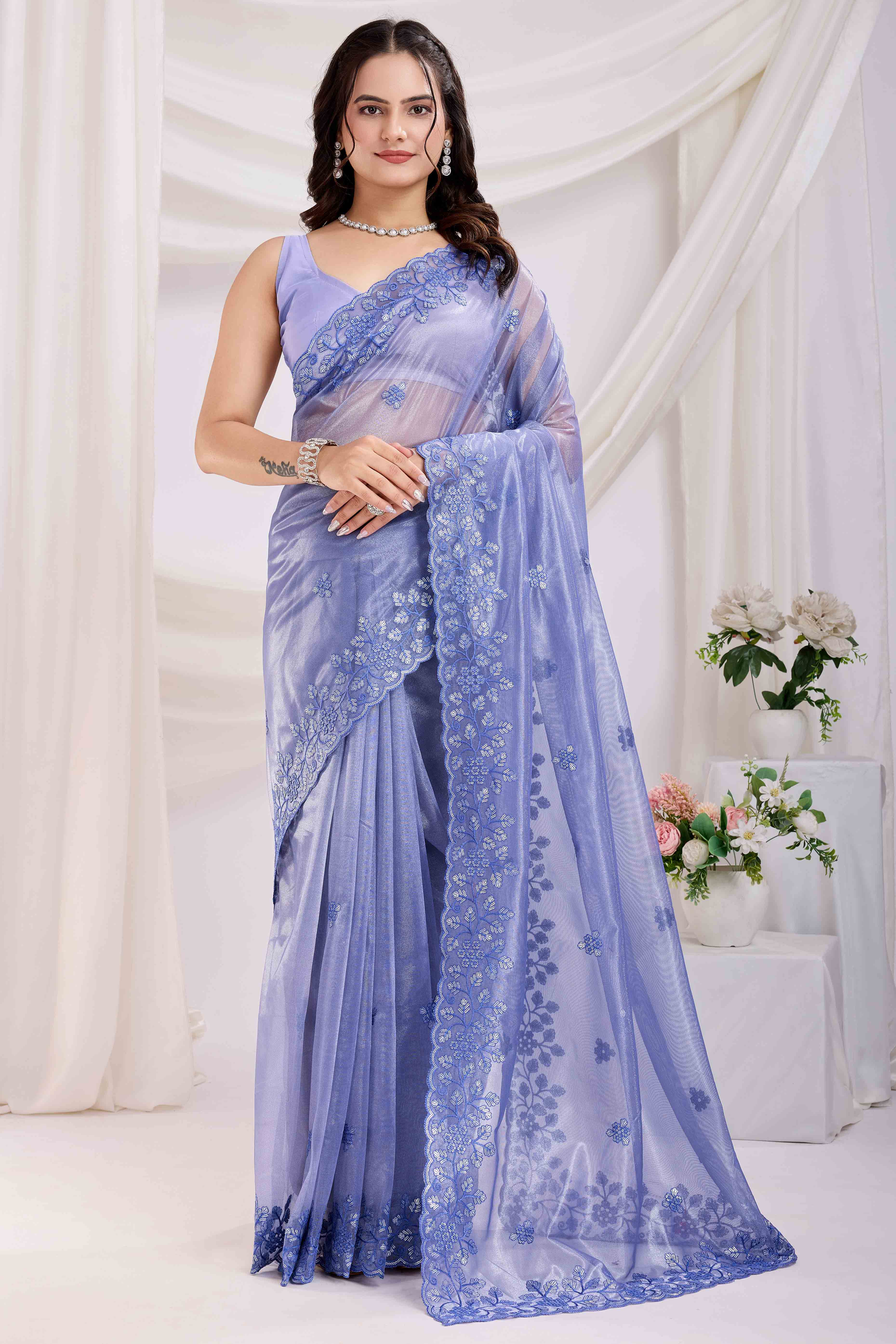 Periwinkle Blue Twill Net Saree Embellished With Sequin Floral Embroidery
