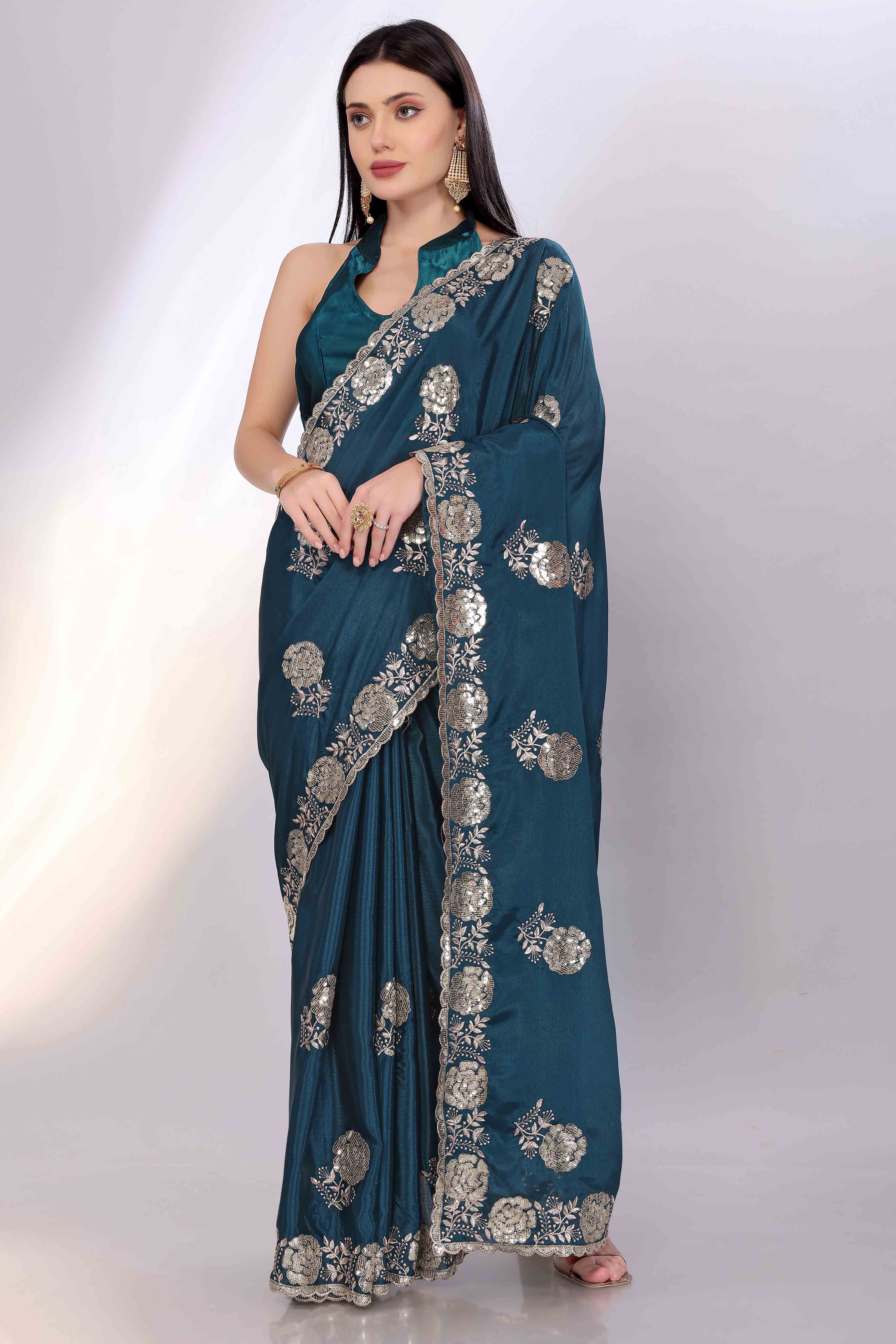 Teal Saree Featuring Intricate Floral Embroidery With Sequins On Chinon Silk