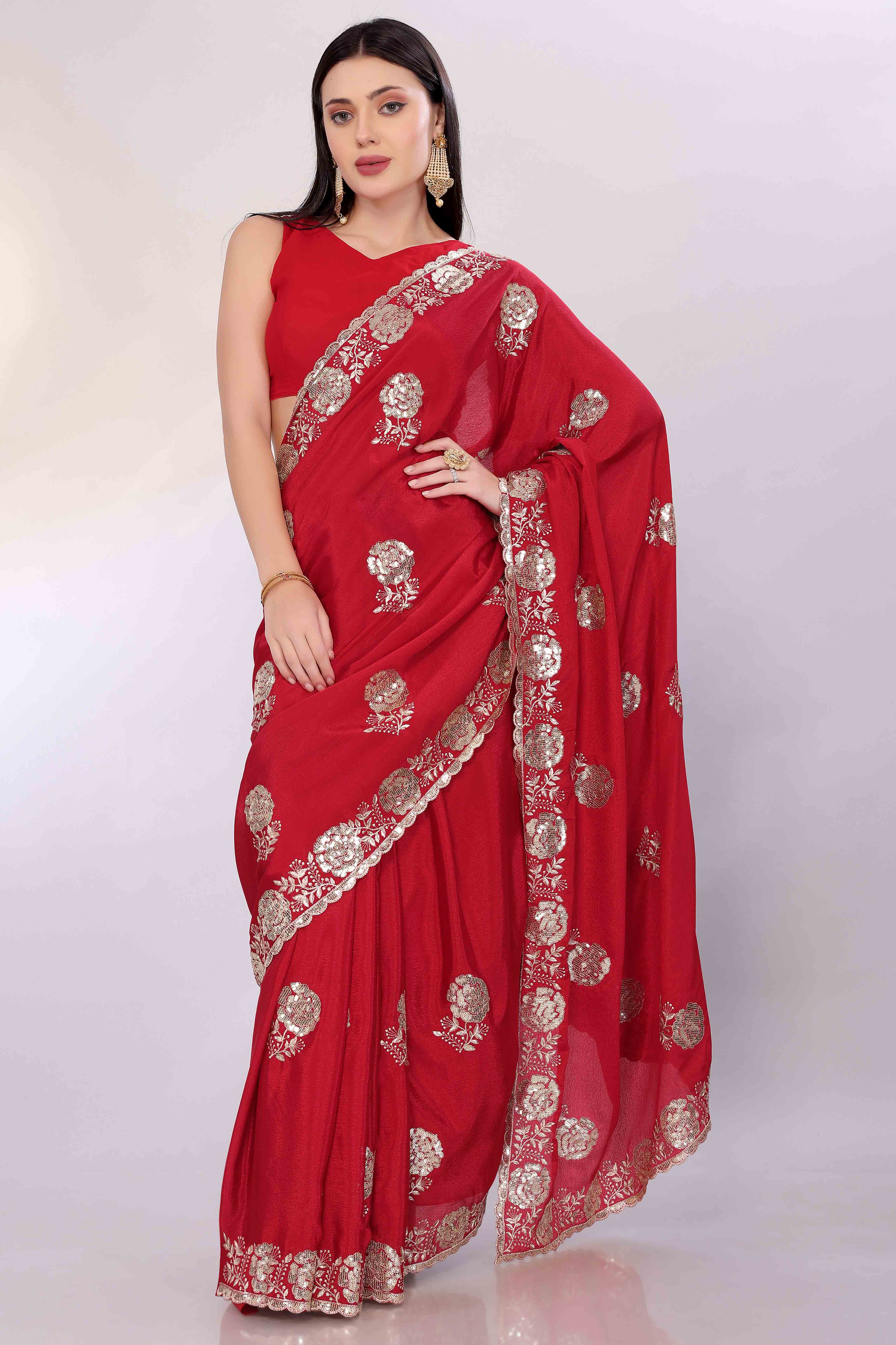 Cherry Red Saree Featuring Intricate Floral Embroidery With Sequins On Chinon Silk