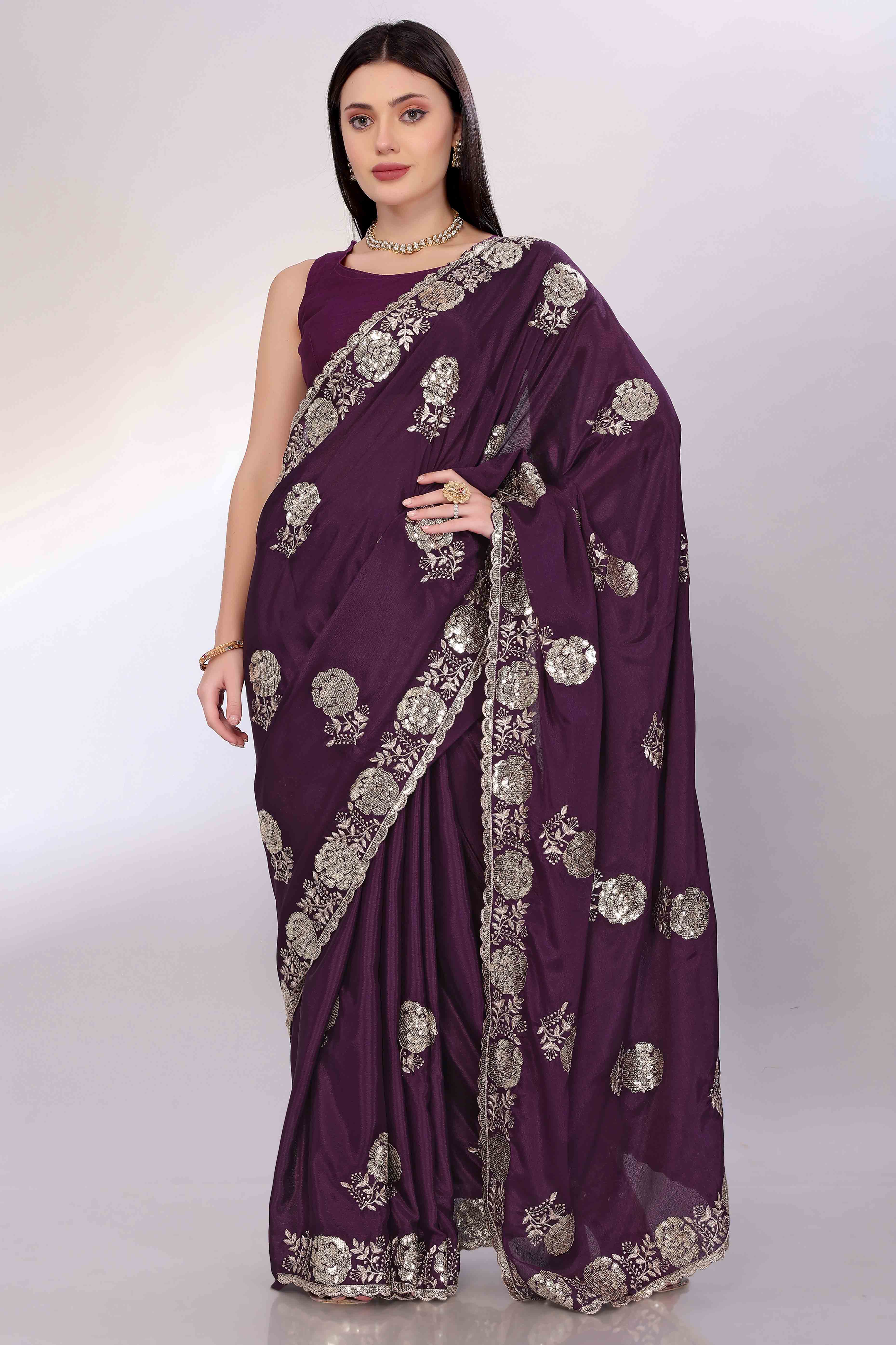 Wine Saree Featuring Intricate Floral Embroidery With Sequins On Chinon Silk