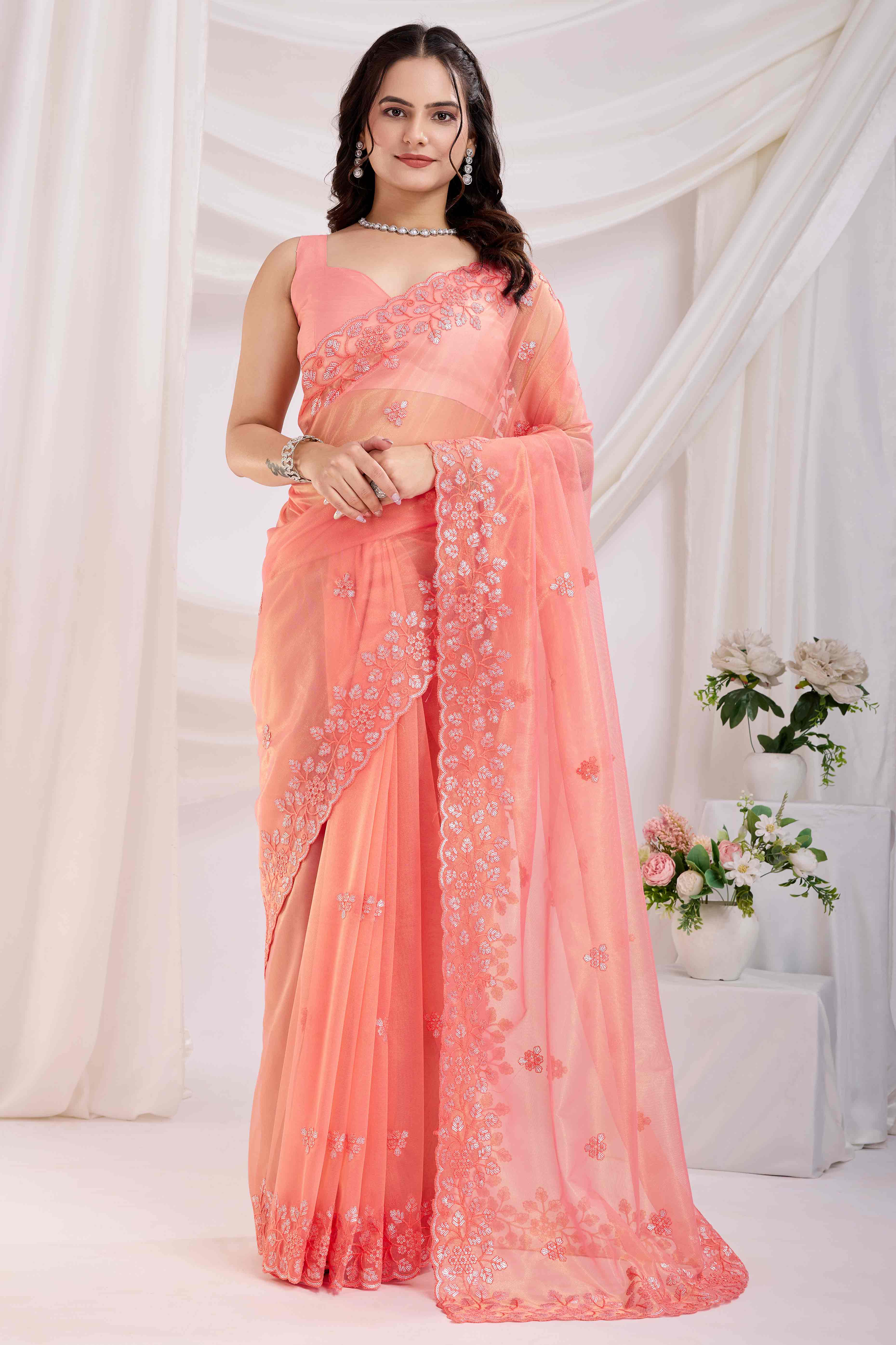 Peach Floral Sequins Embroidered Twill Net Saree
