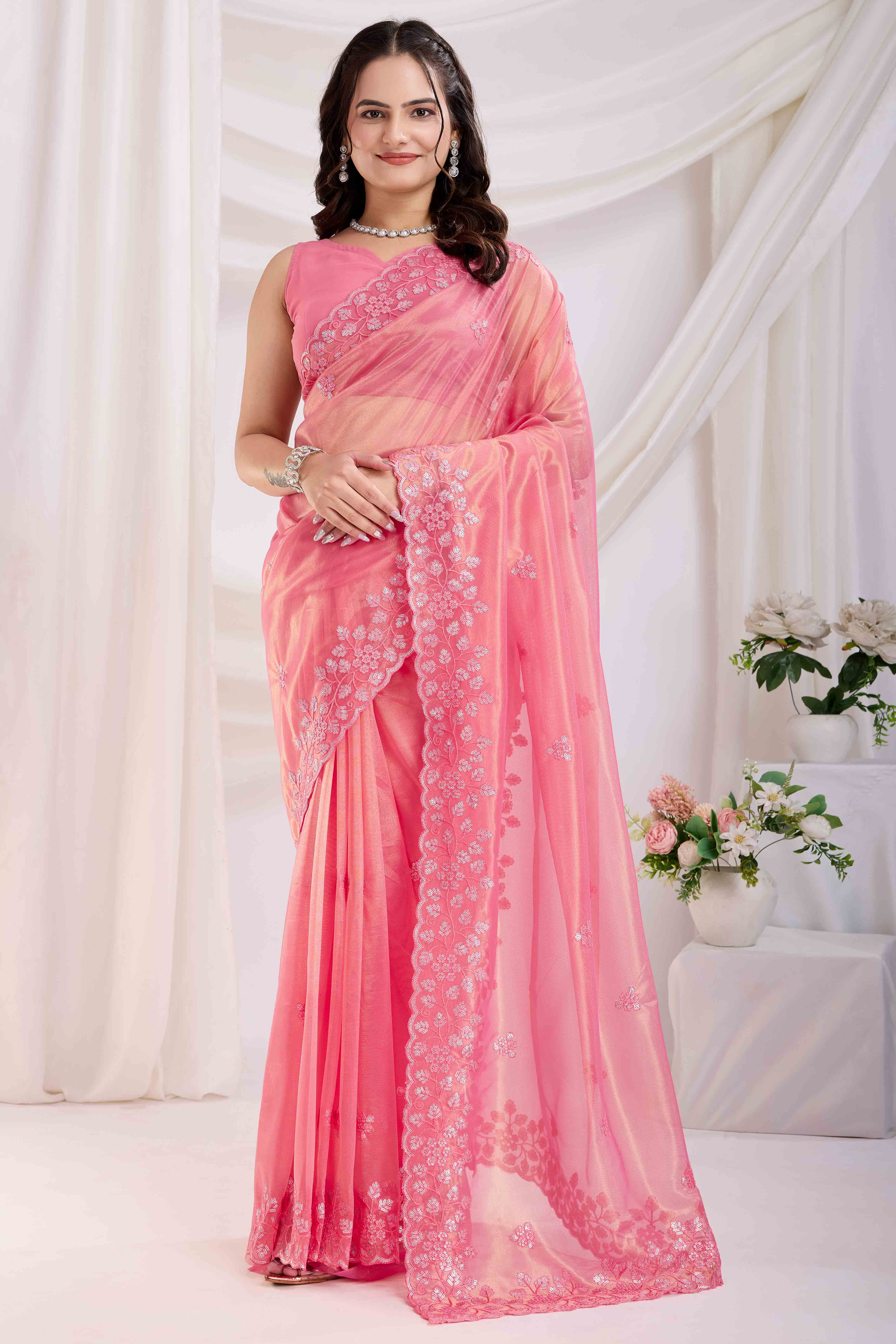 Pink Floral Sequins Embroidered Twill Net Saree