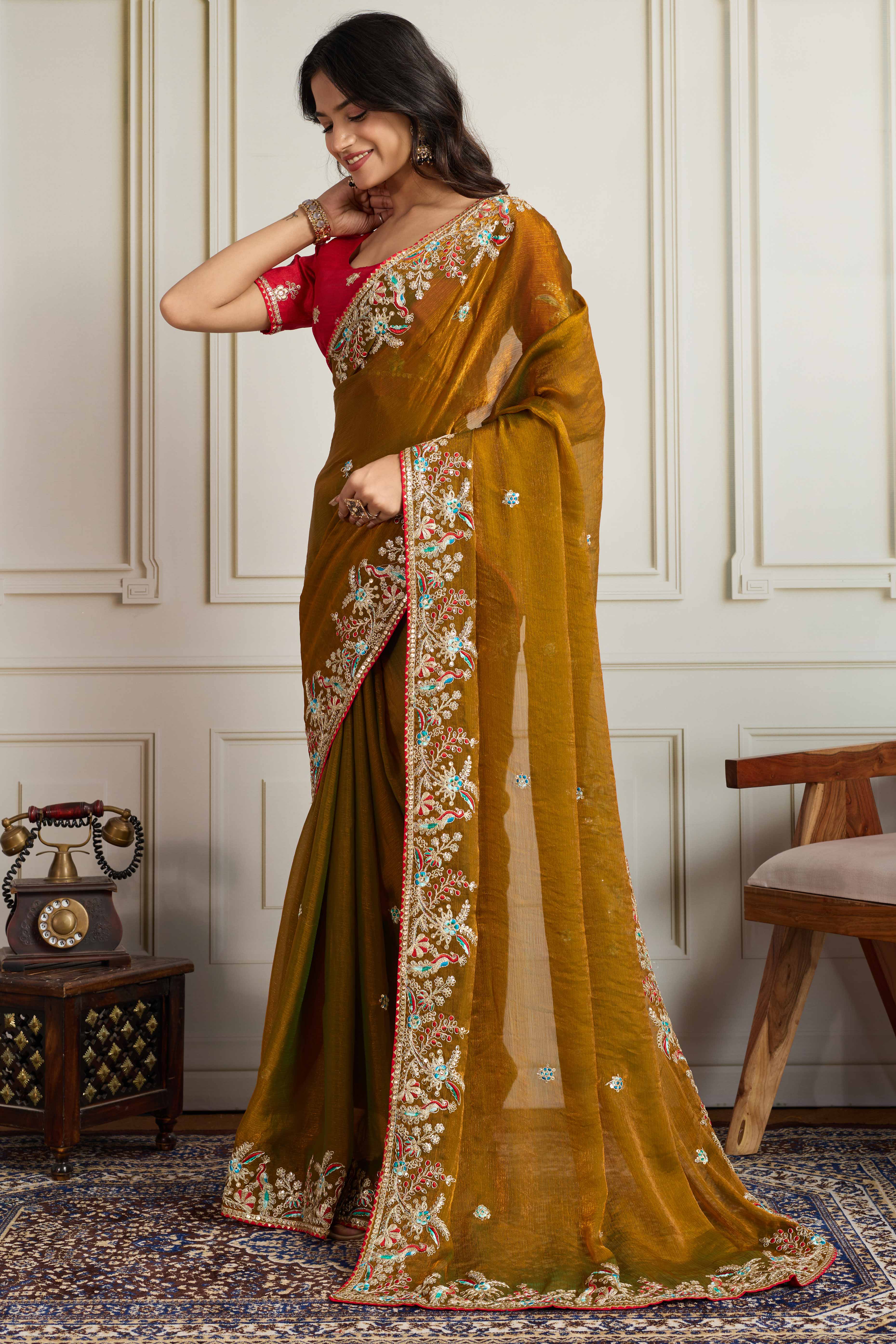 Olive Fancy Chiffon Partywear Saree with Intricate Sequins & Thread Embroidery