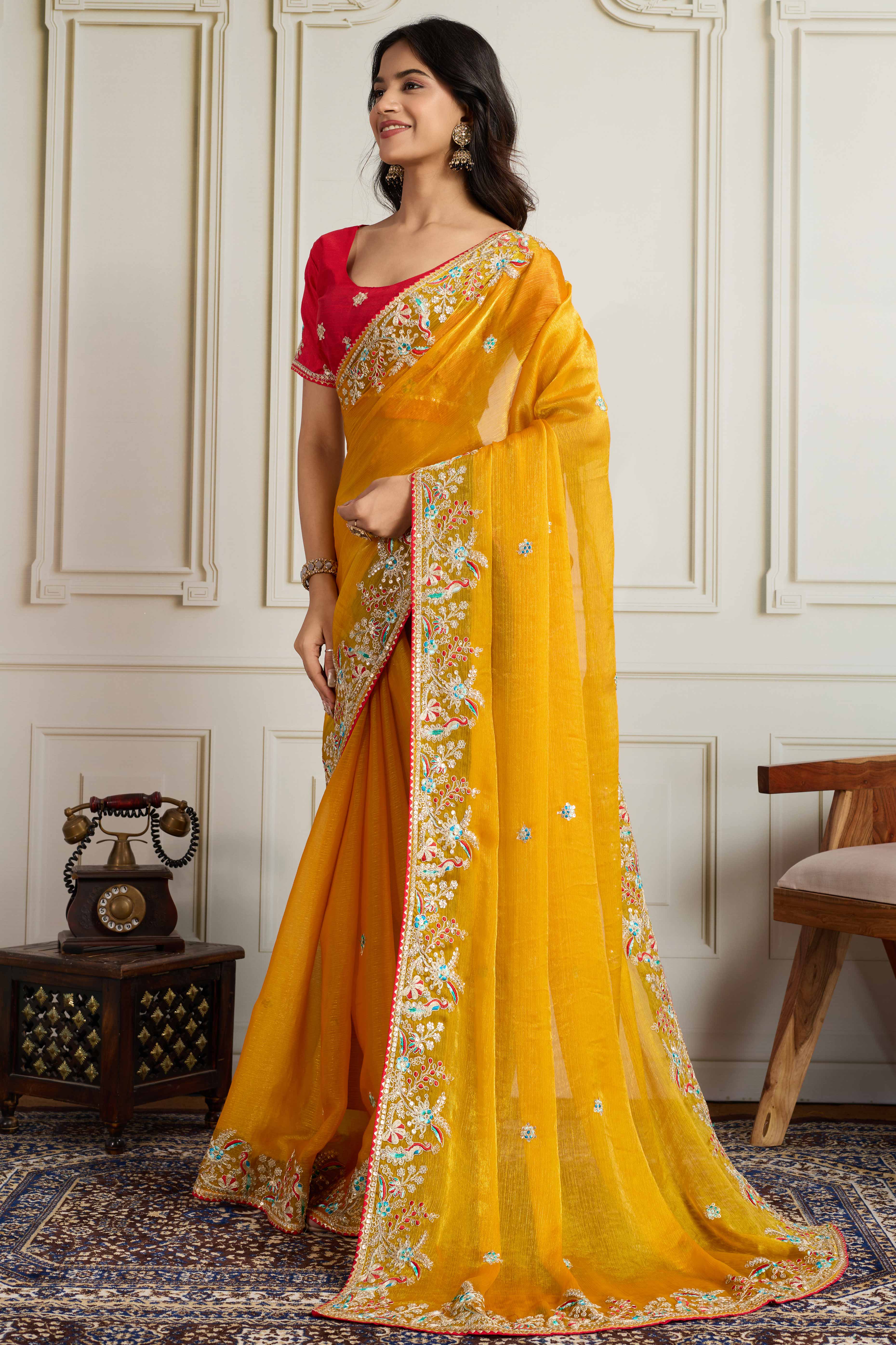 Mustard Fancy Chiffon Partywear Saree with Intricate Sequins & Thread Embroidery