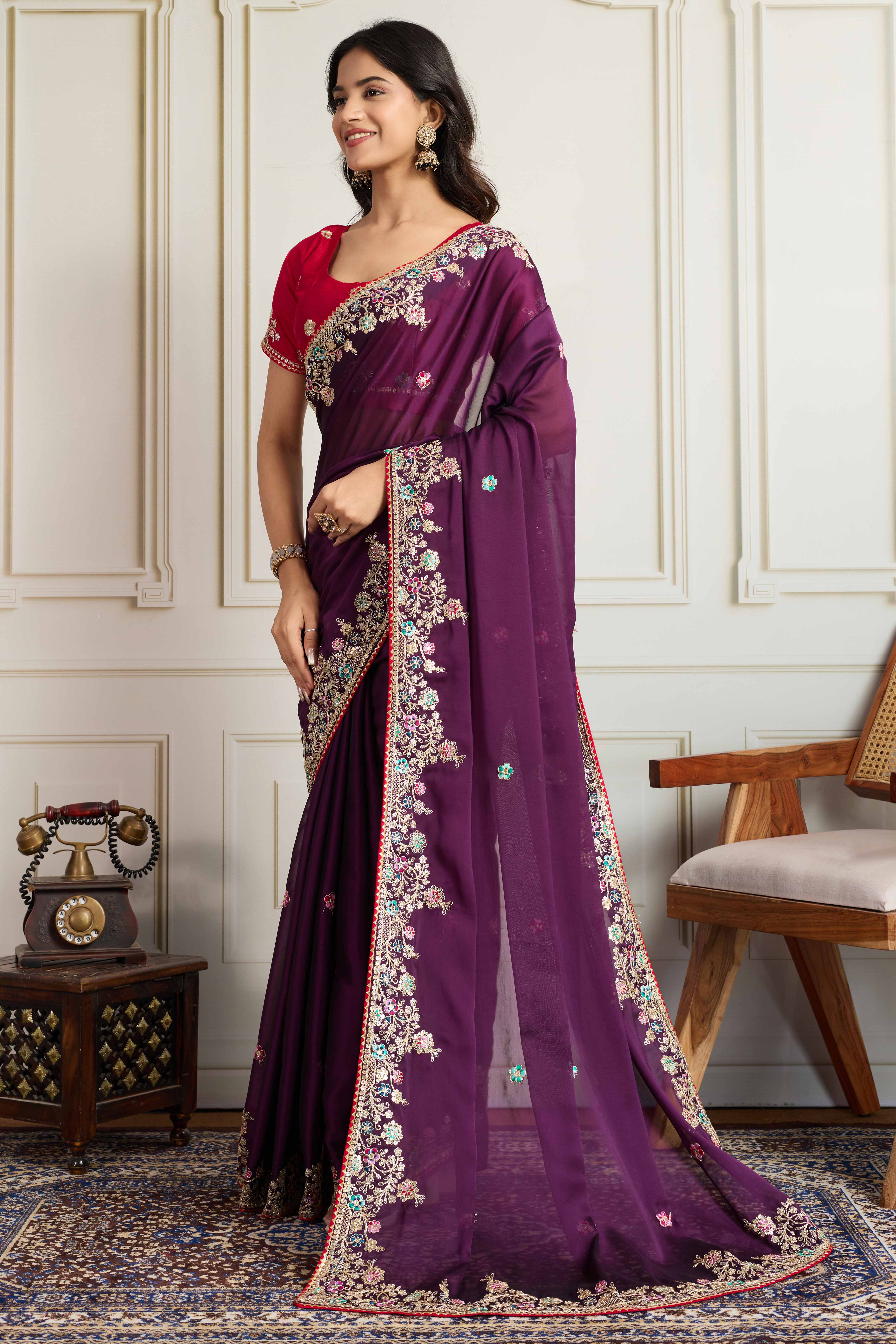 Purple Star Georgette Party Saree with Sequins and Floral Embroidery