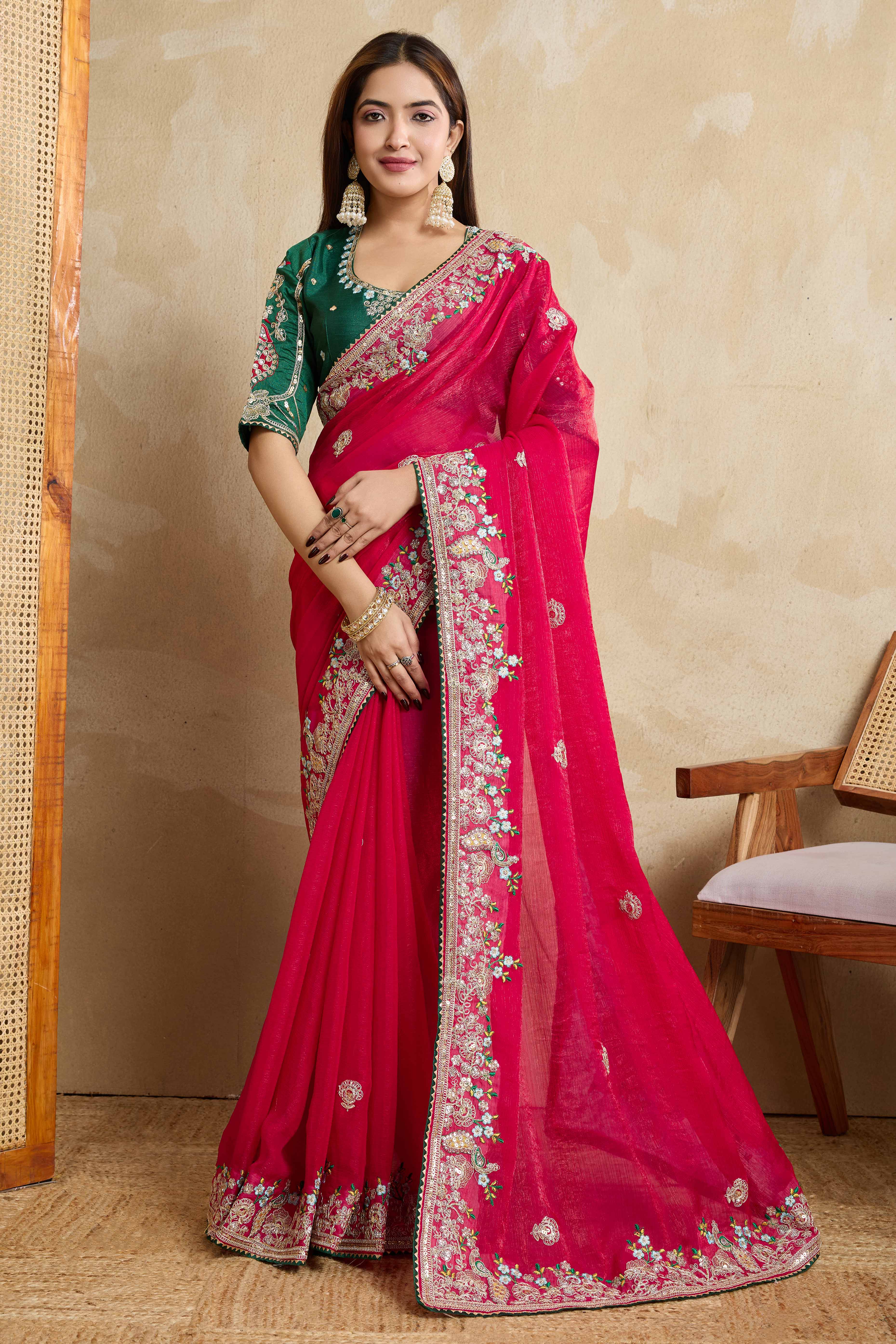 Pink Chiffon Saree With intricate Floral Cording Embroidery & Shimmering Sequins Work