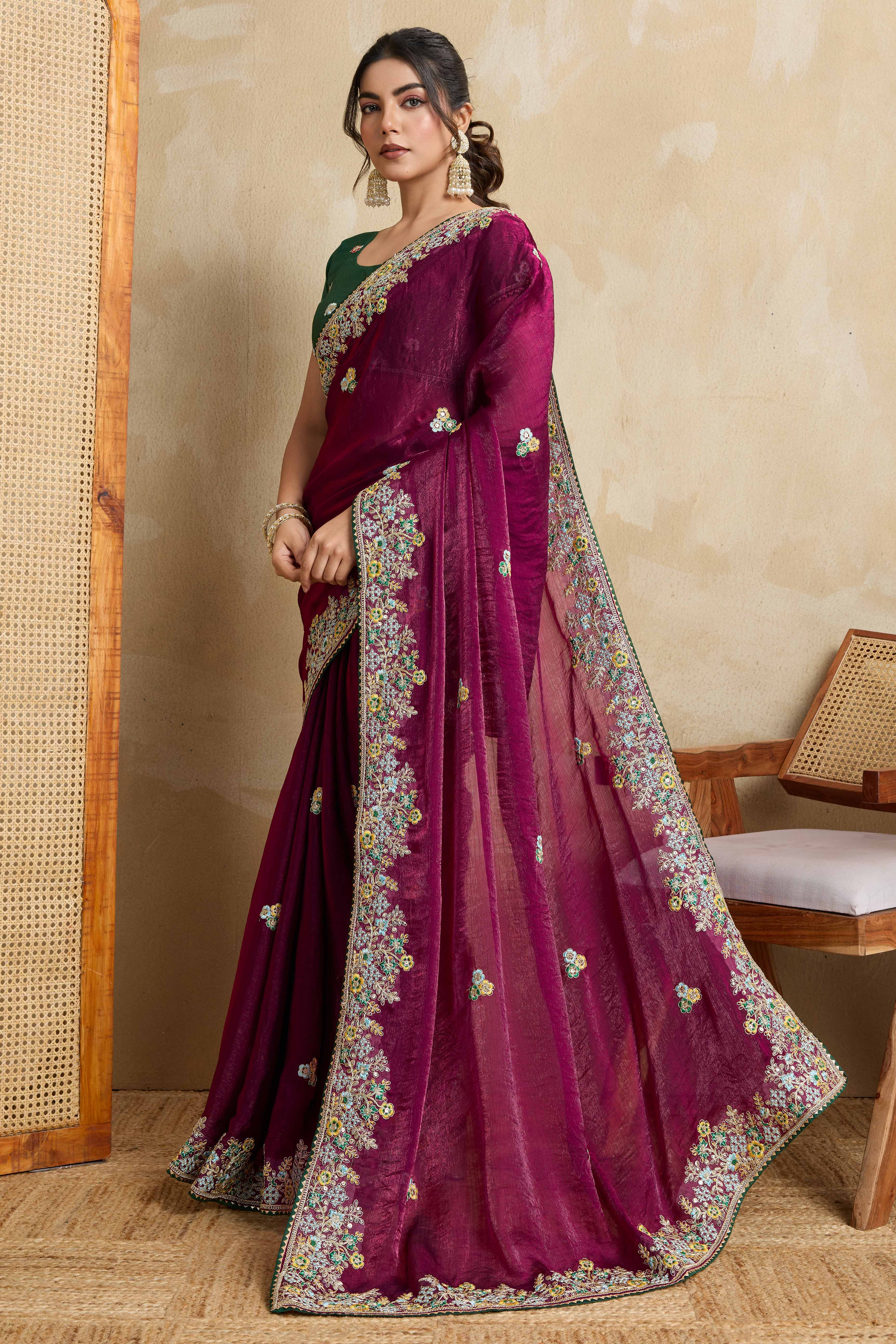 Luxe Frendy Chiffon Saree in Bold Plum Purple with Delicate Floral Embroidery