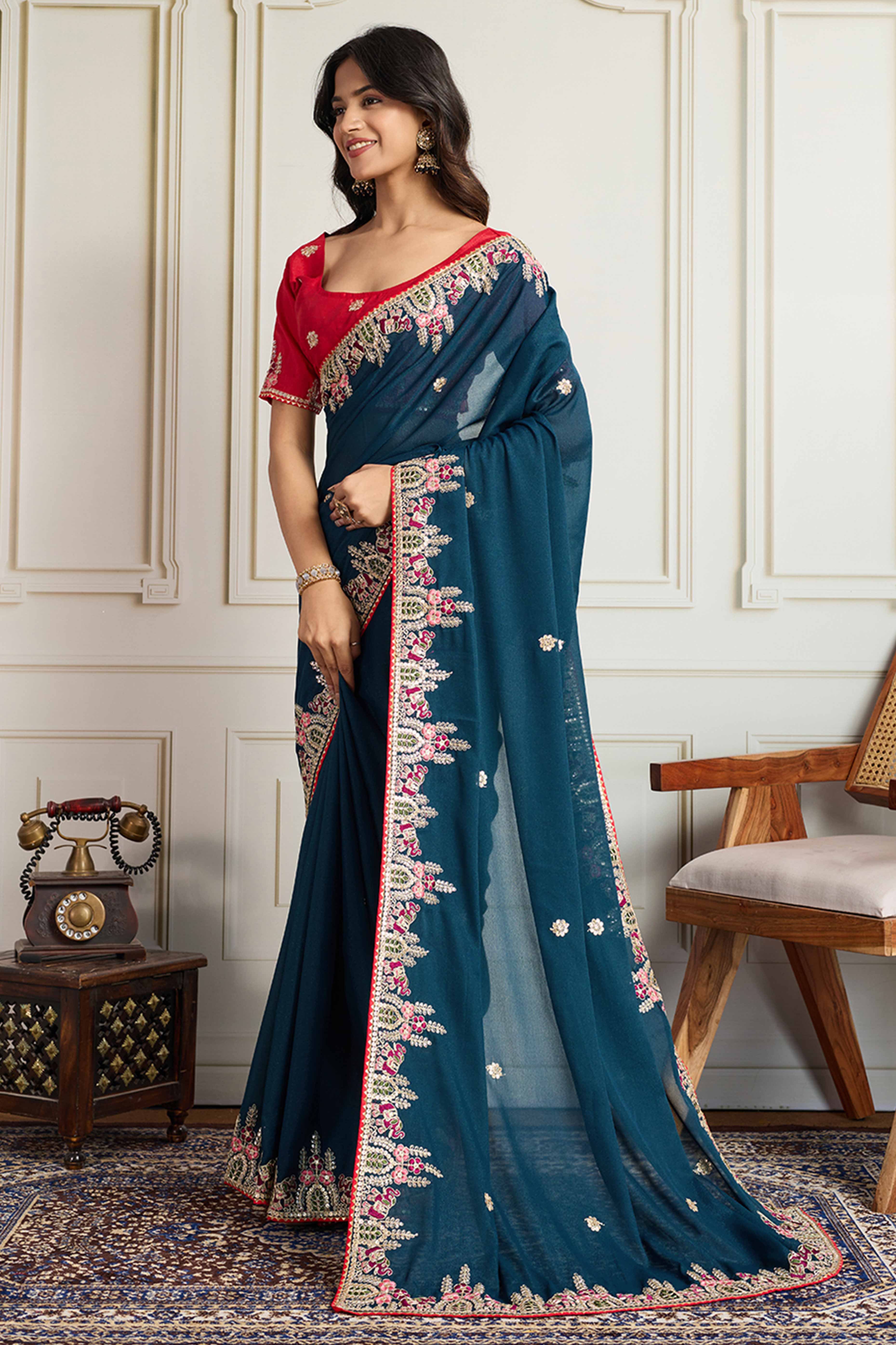 Dark Teal Blue Georgette Saree Featuring Floral Cording Embroidery & Shimmering Sequins Work
