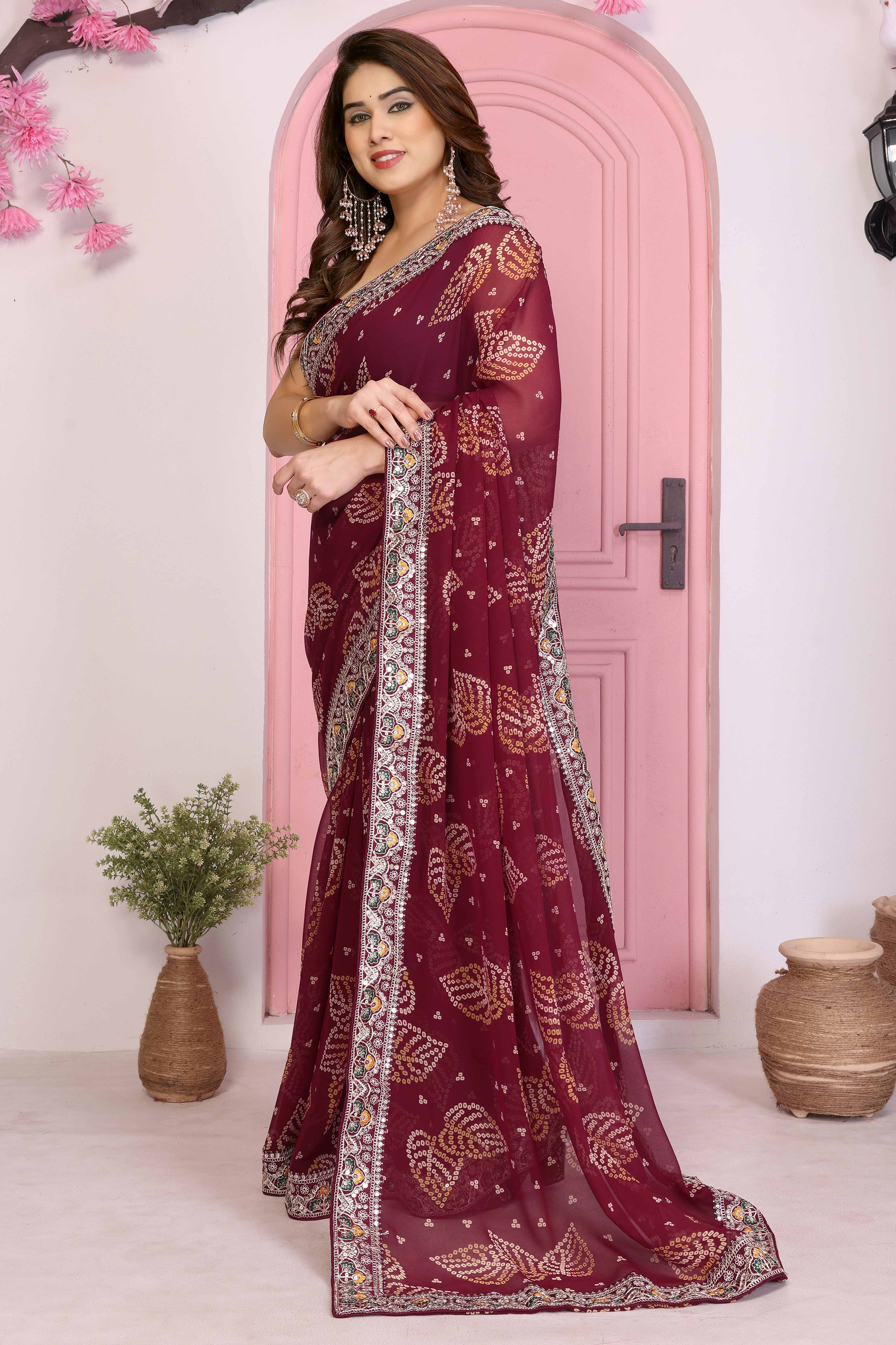 Maroon Georgette Saree with Traditional Bandhani Print and Lace Accents