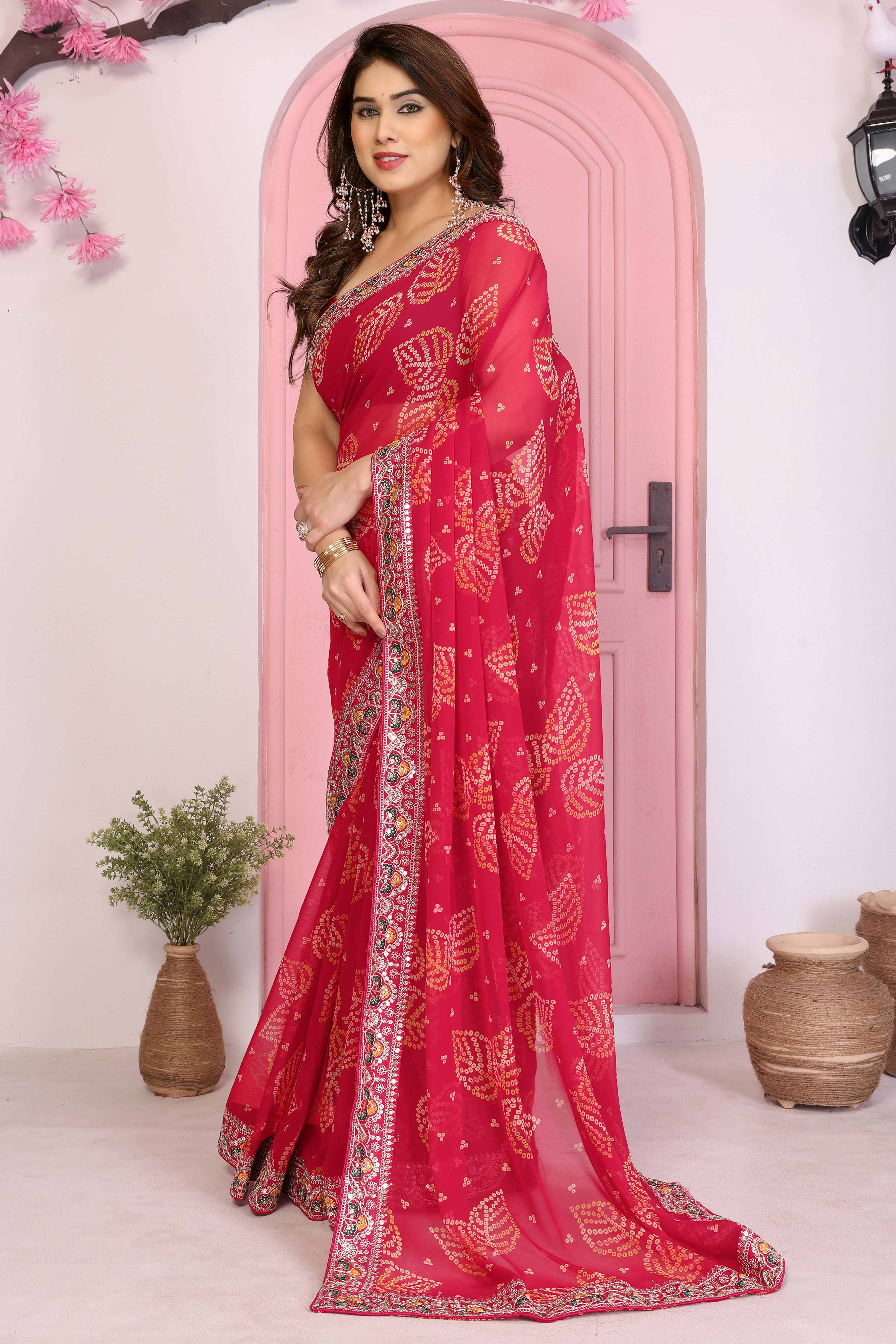 Pink Georgette Saree with Traditional Bandhani Print and Lace Accents