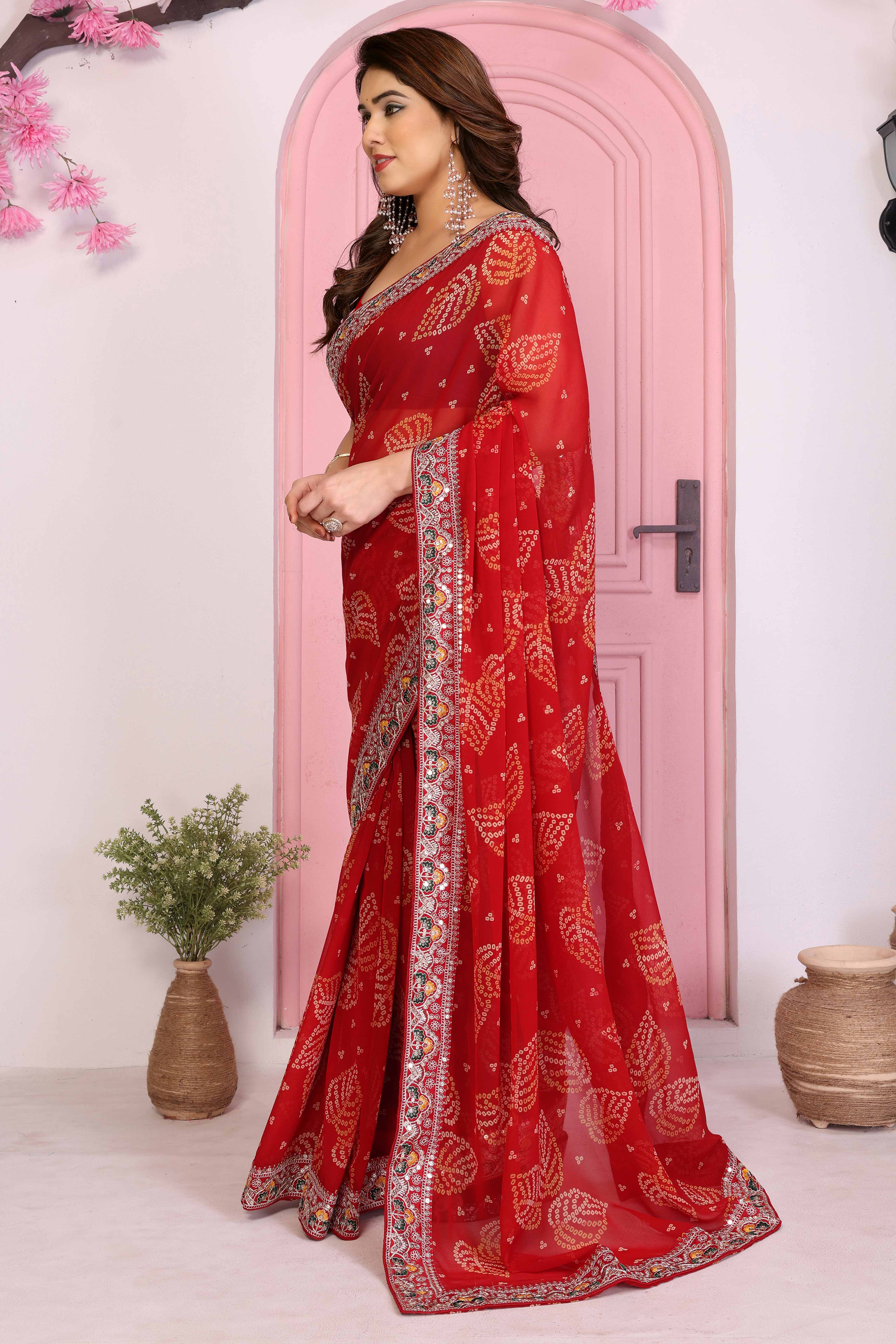 Red Georgette Saree with Traditional Bandhani Print and Lace Accents