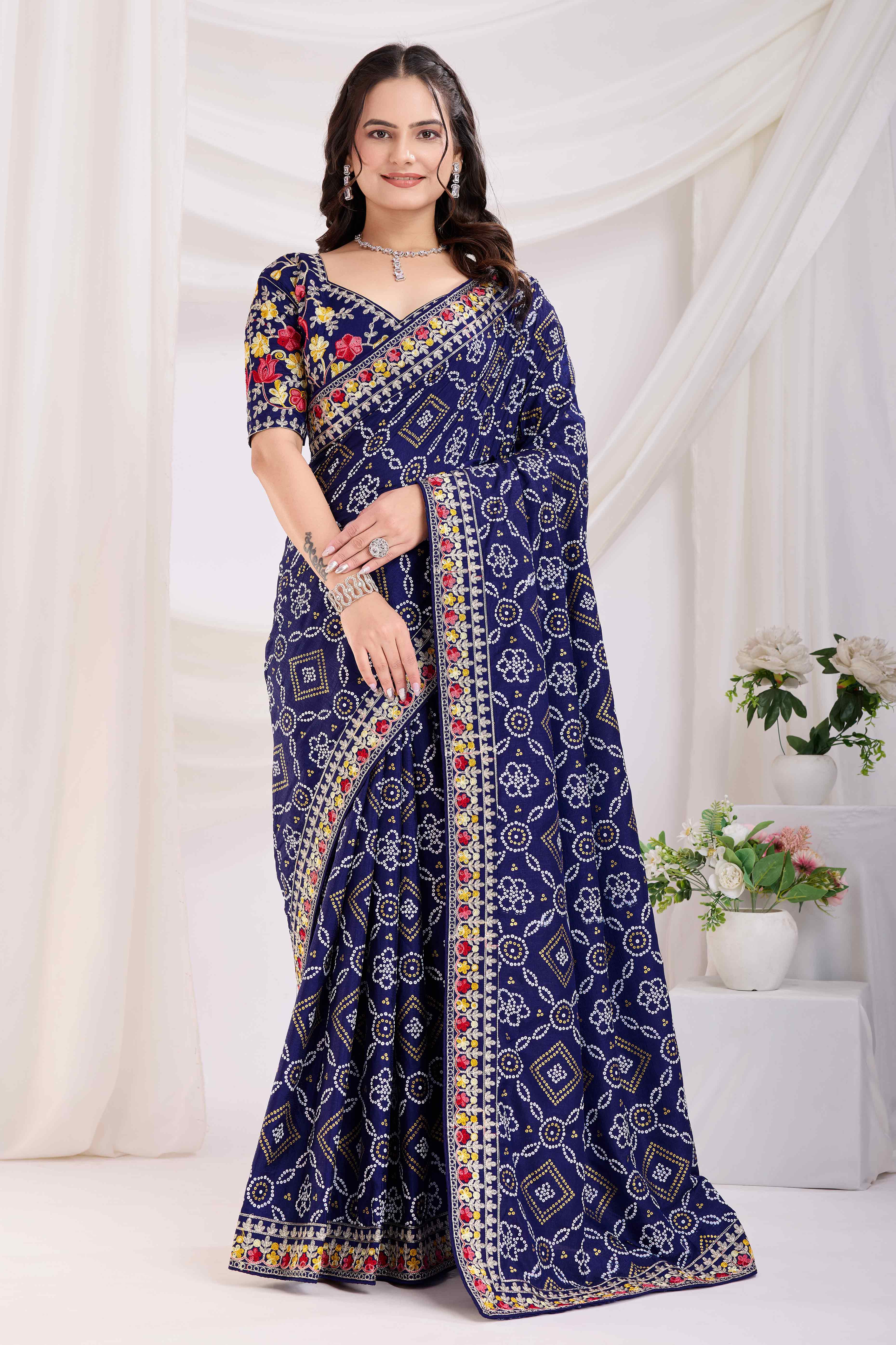 Navy Blue Bandhani Printed Vichitra Silk Saree With Embroidery Border