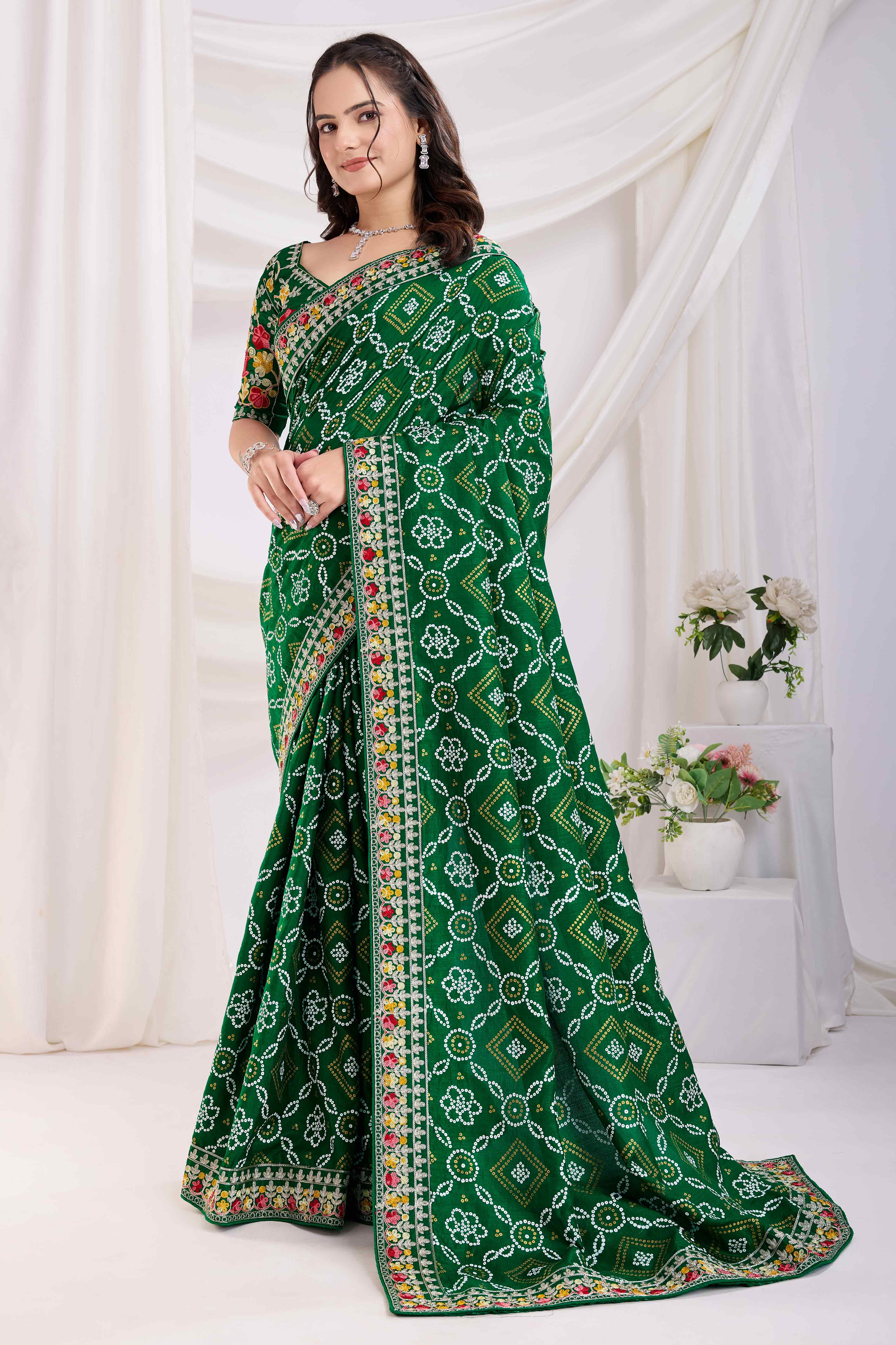 Green Bandhani Printed Vichitra Silk Saree With Embroidery Border
