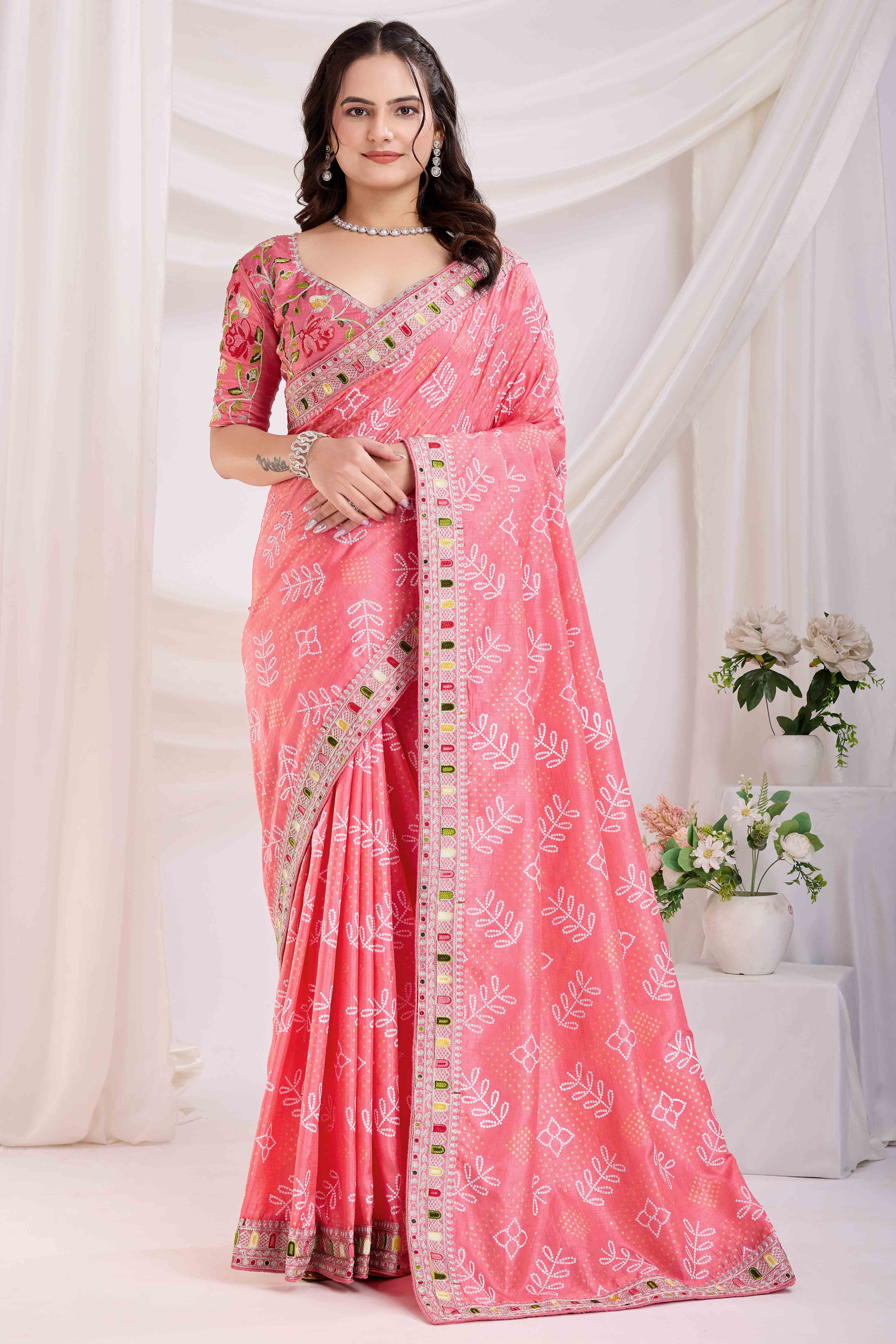 Pink Bandhani Printed With Embroidered Border Vichitra Silk Saree