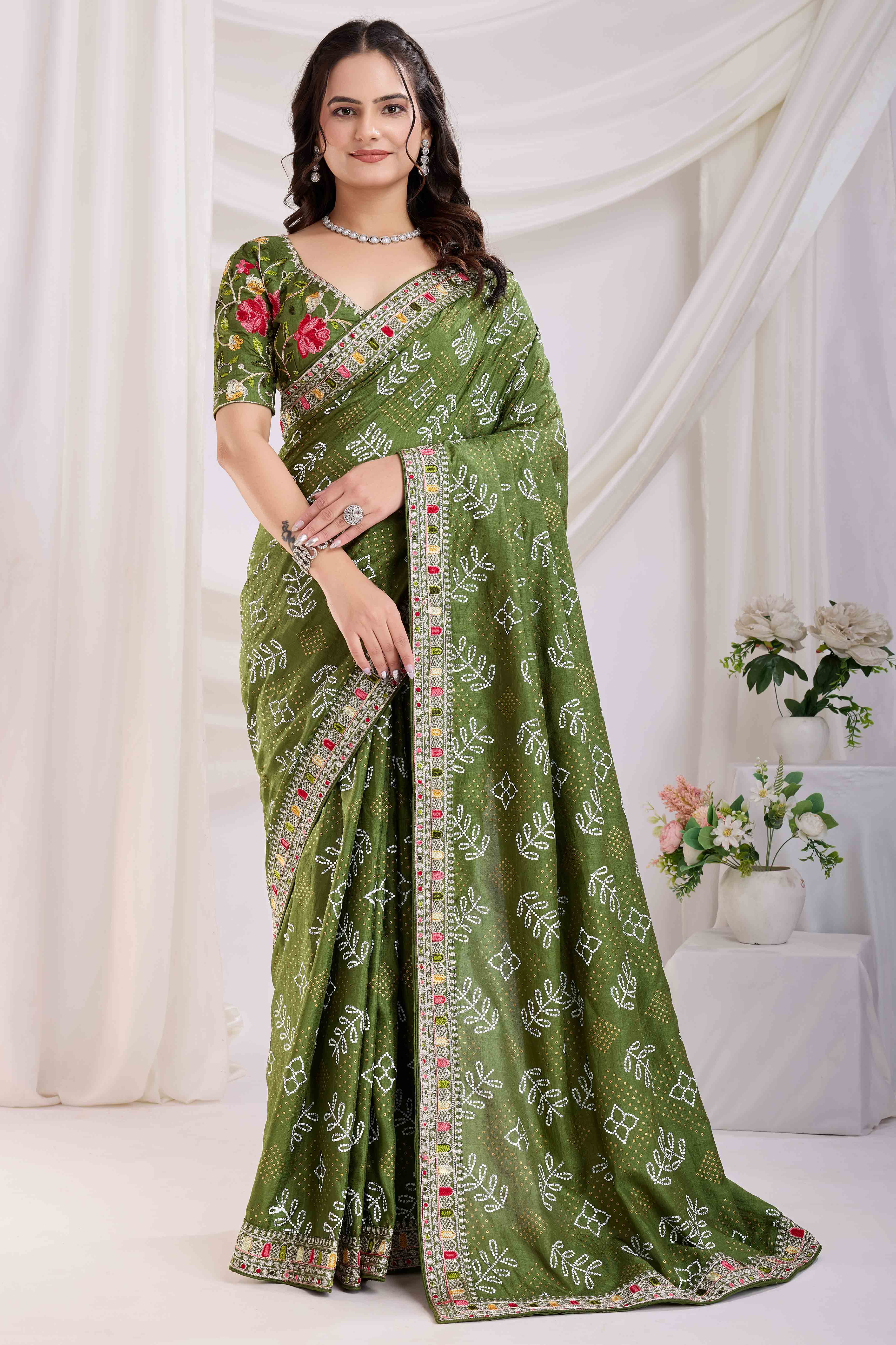 Green Bandhani Printed With Embroidered Border Vichitra Silk Saree
