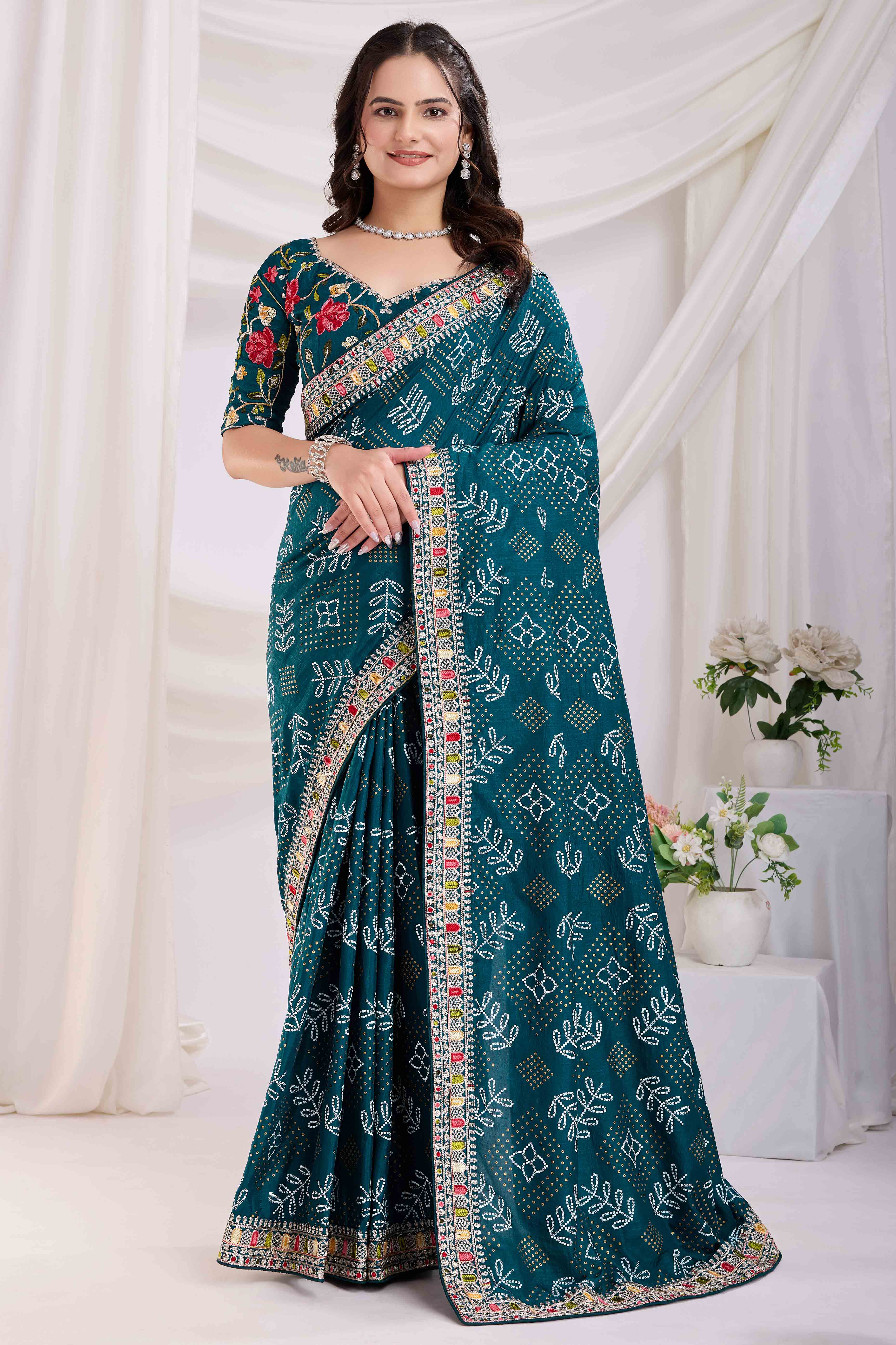 Teal Bandhani Printed With Embroidered Border Vichitra Silk Saree