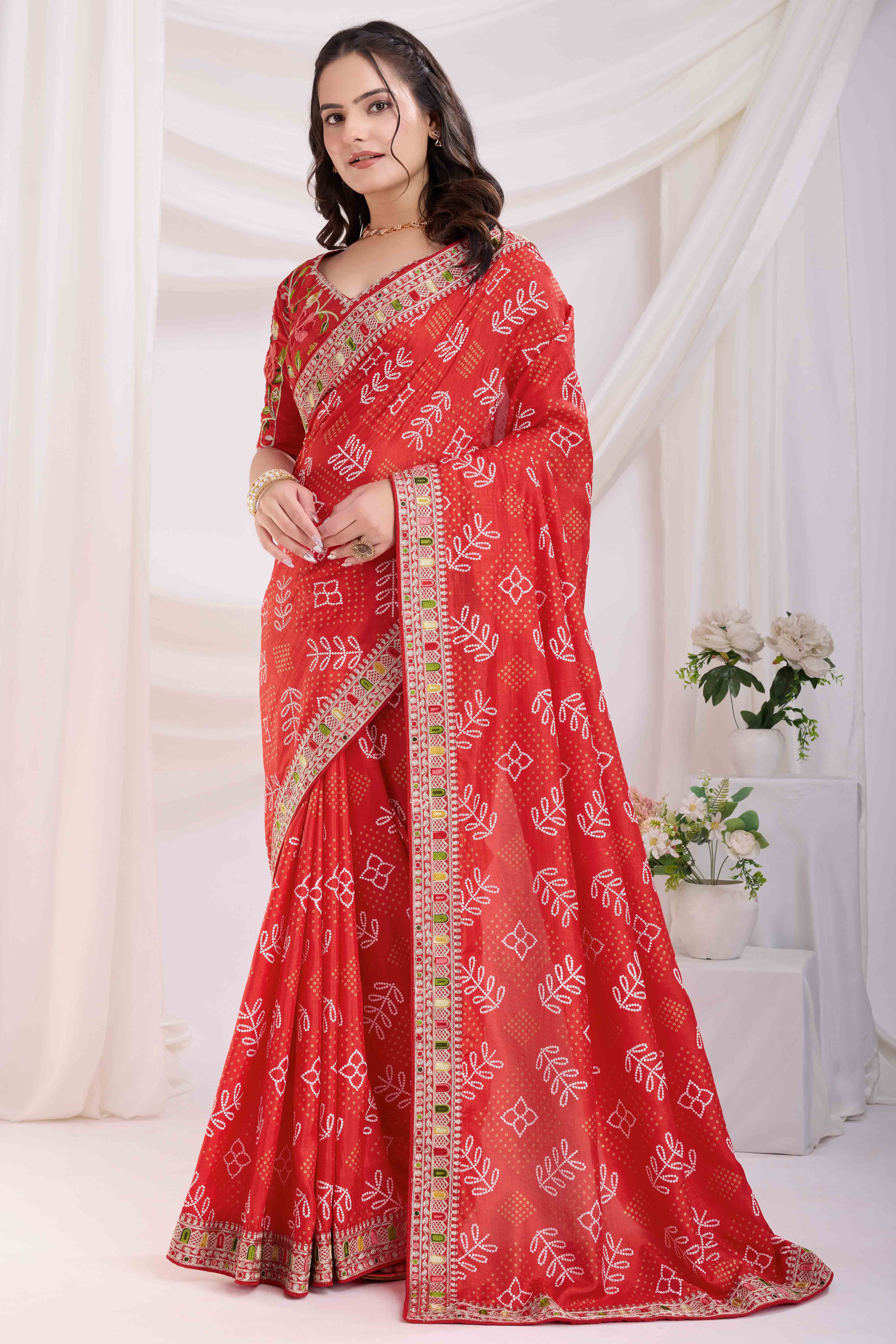 Red Bandhani Printed With Embroidered Border Vichitra Silk Saree