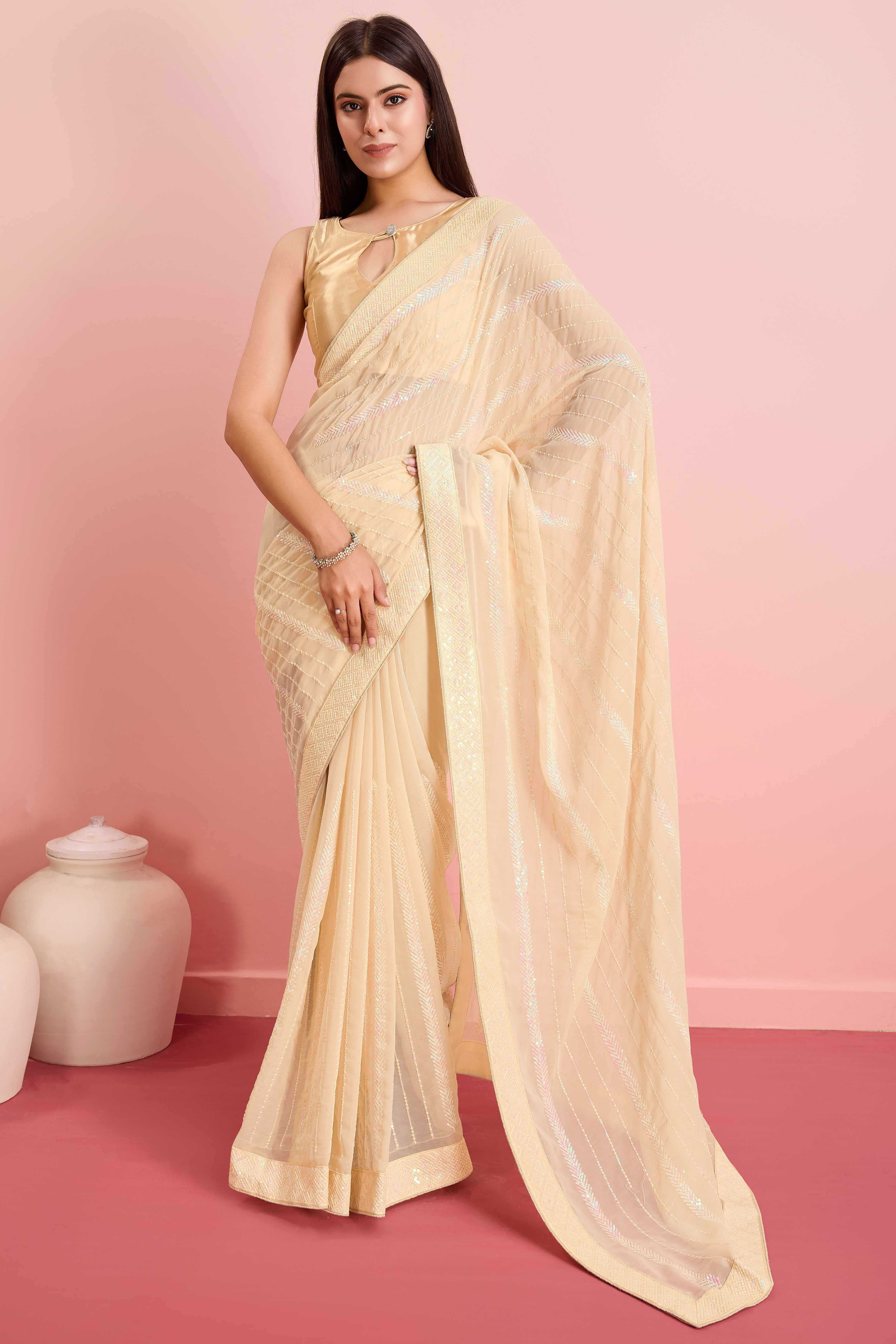 Cream Sequins Embroidered Georgette Saree