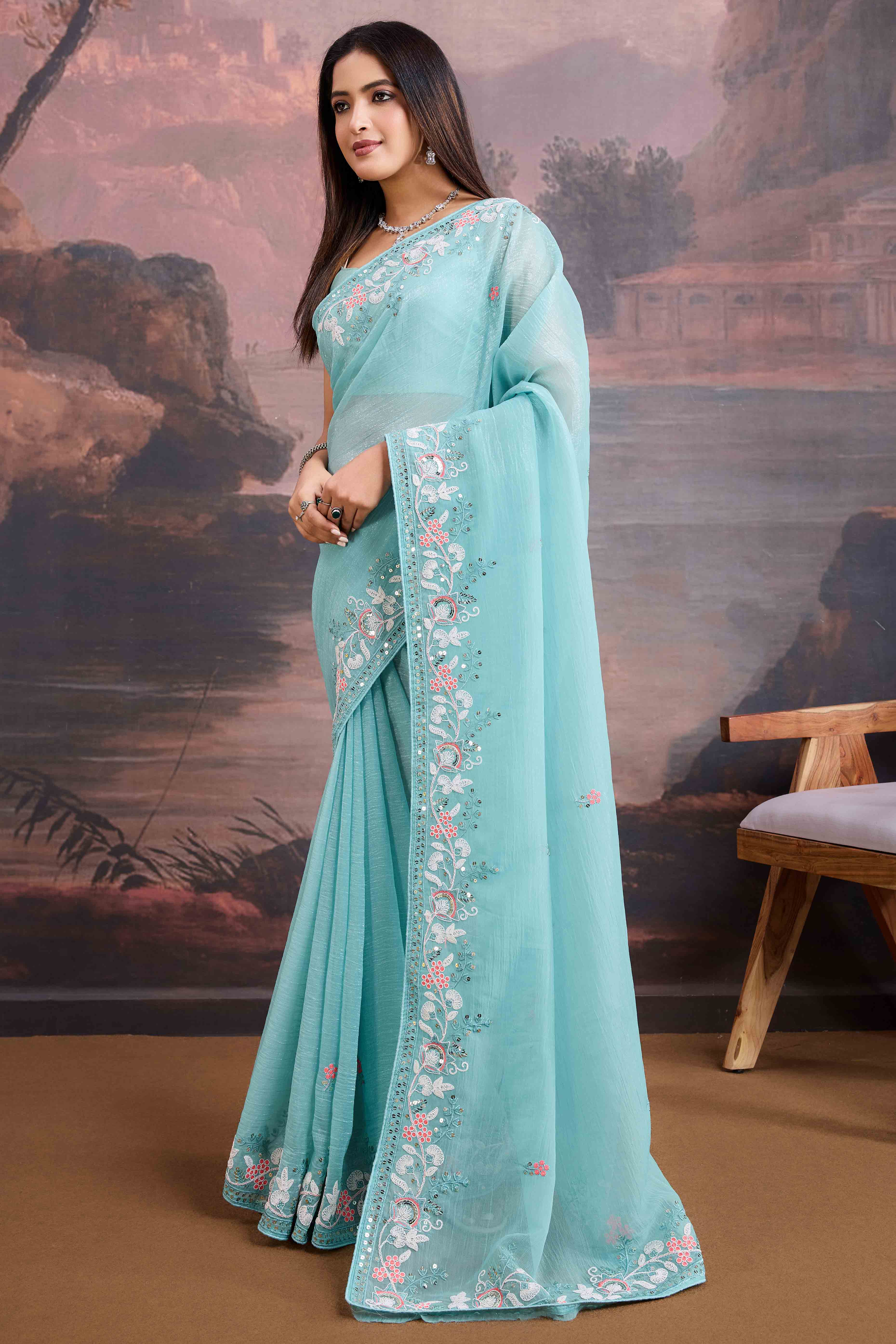 Blue Floral Sequins Embroidered Organza Saree