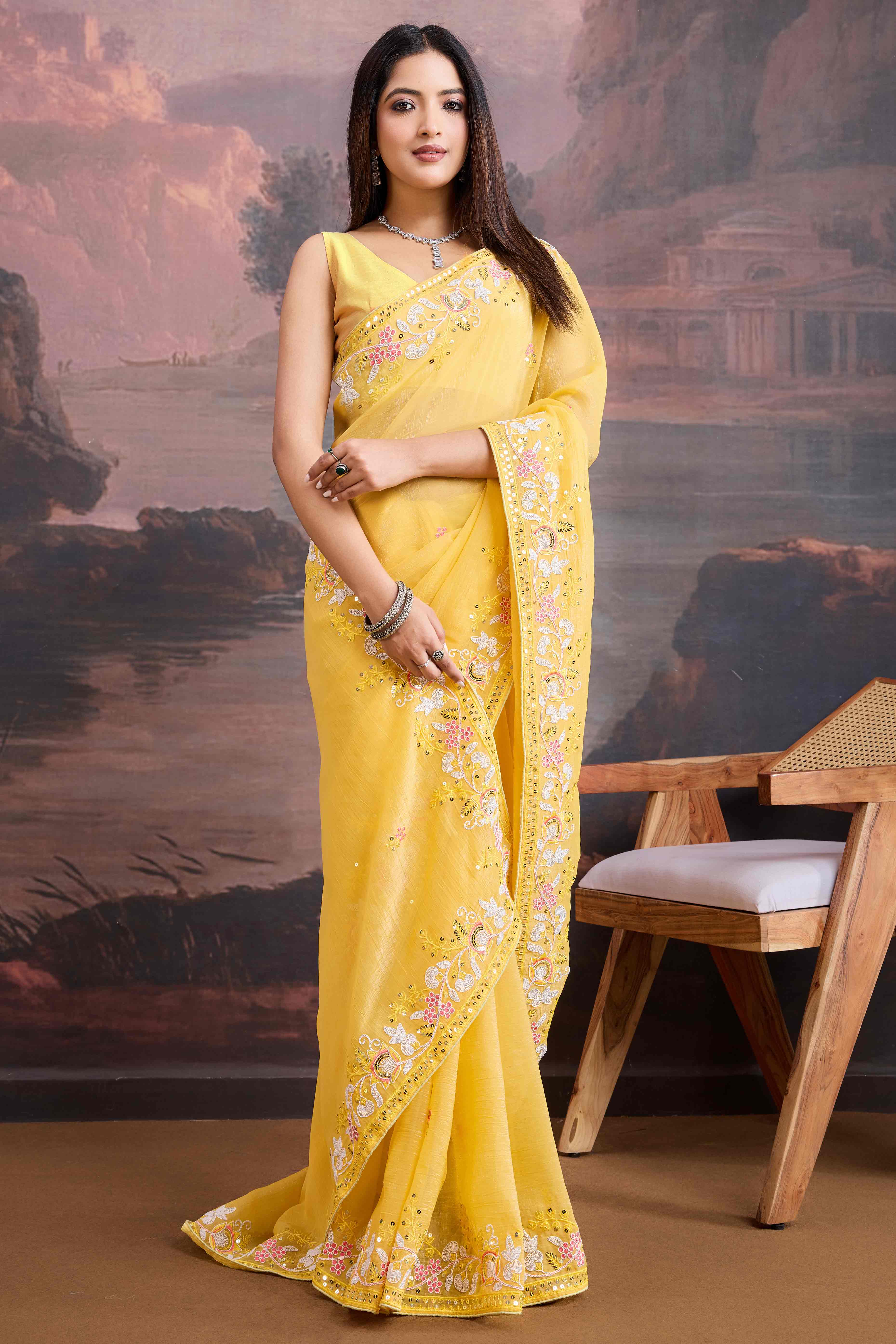 Yellow Floral Sequins Embroidered Organza Saree