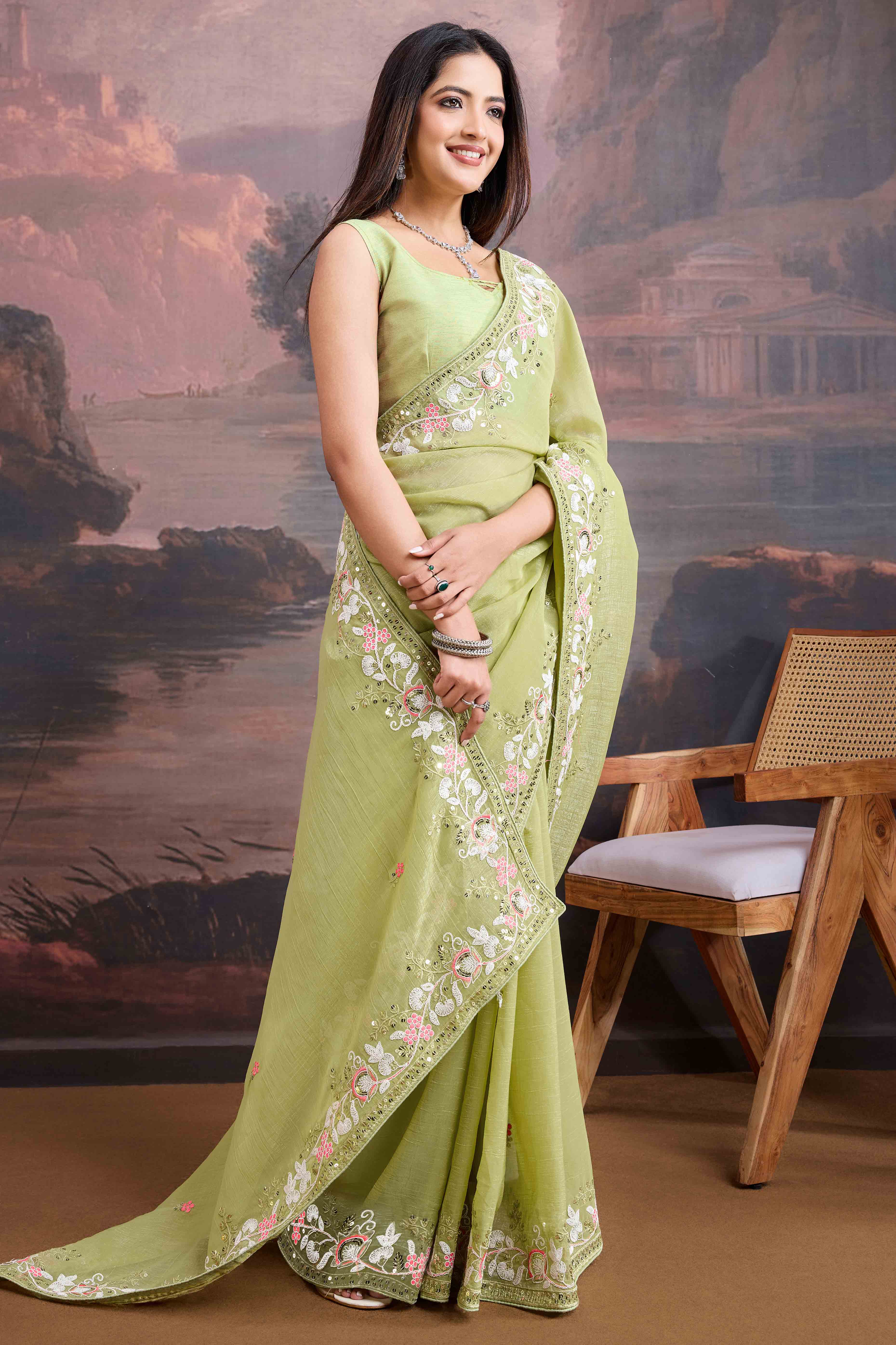 Green Floral Sequins Embroidered Organza Saree