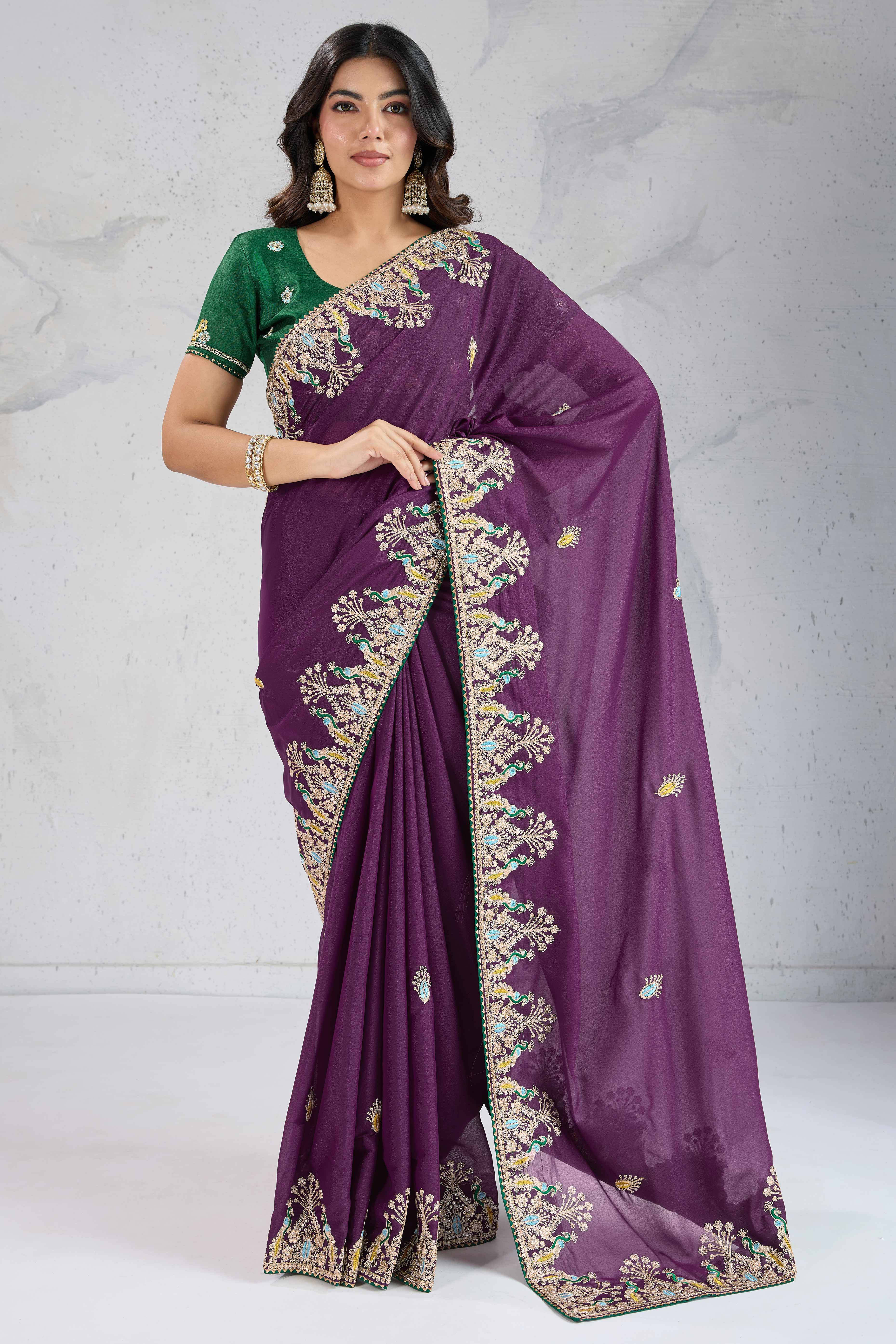Purple Embroidered Saree with Ethnic Detailing in Georgette Fabric