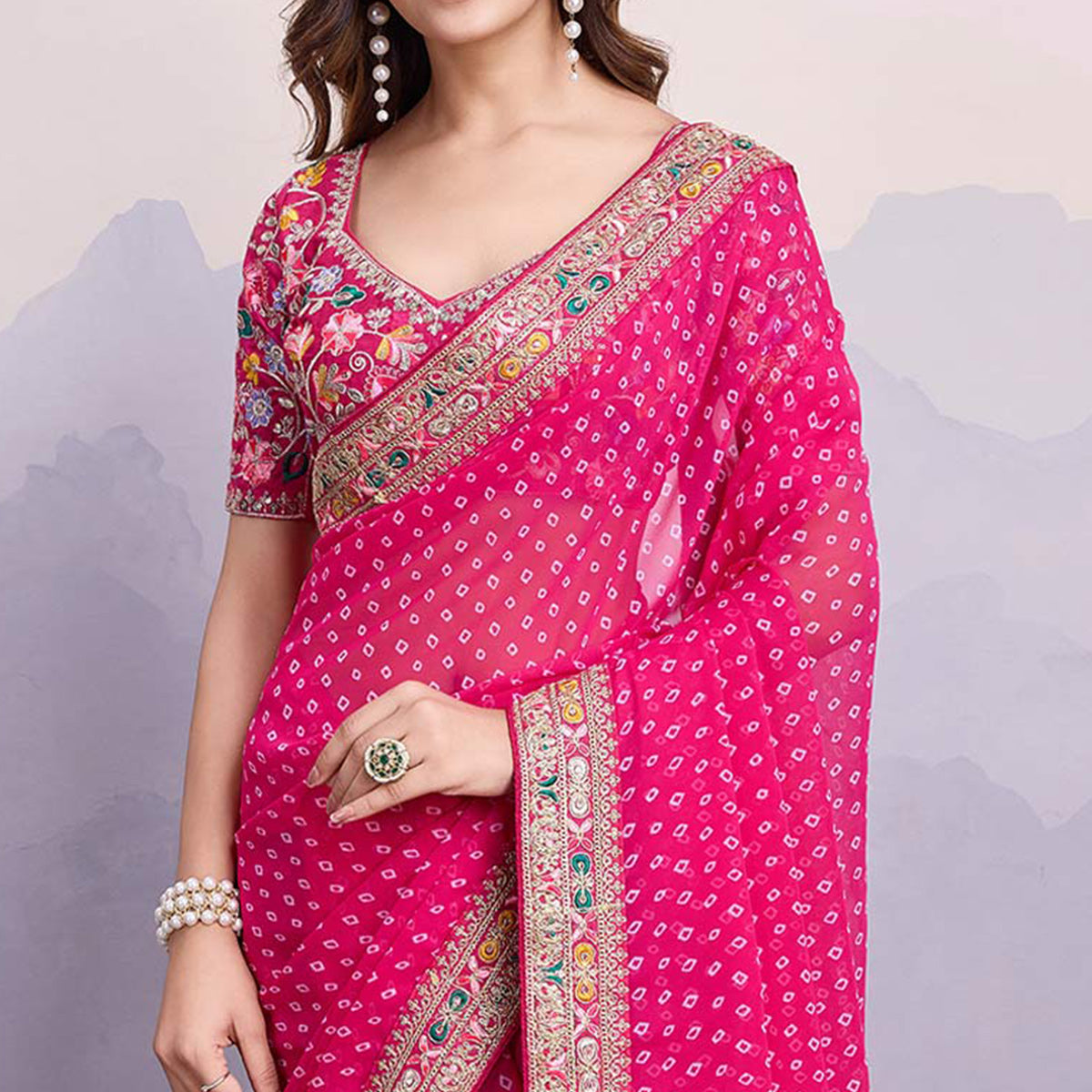 Rani Pink Bandhani Printed Georgette Saree With Embroidered Lace Border