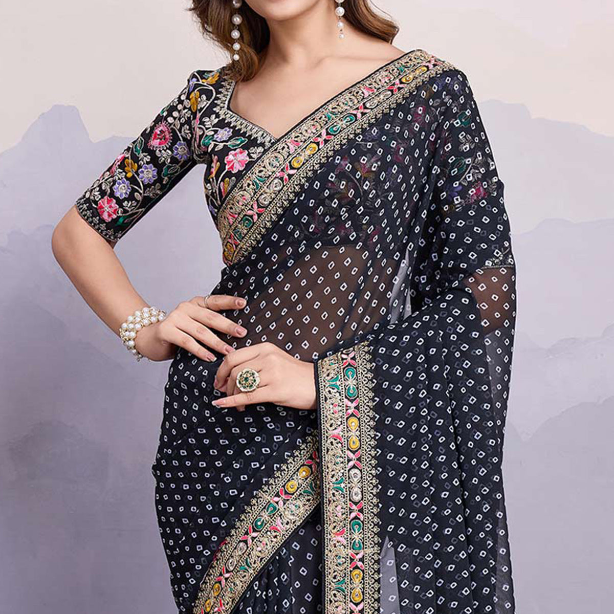 Black Bandhani Printed Georgette Saree With Embroidered Lace Border