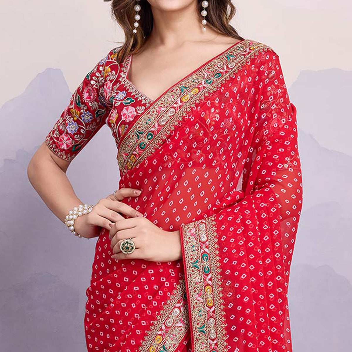 Red Bandhani Printed Georgette Saree With Embroidered Lace Border