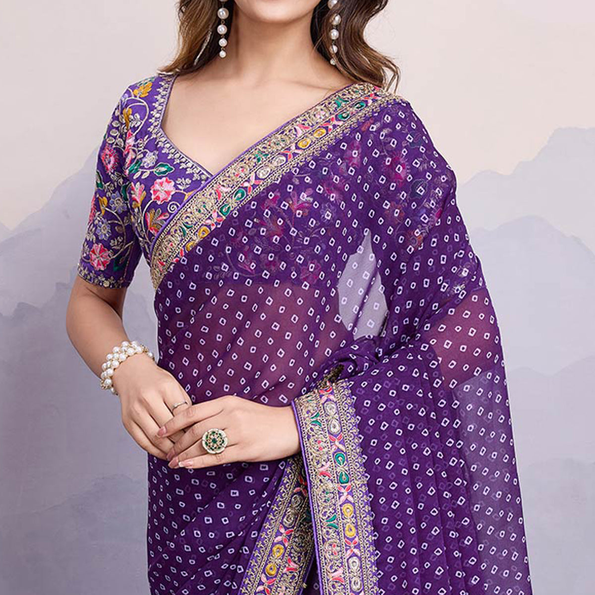 Purple Bandhani Printed Georgette Saree With Embroidered Lace Border